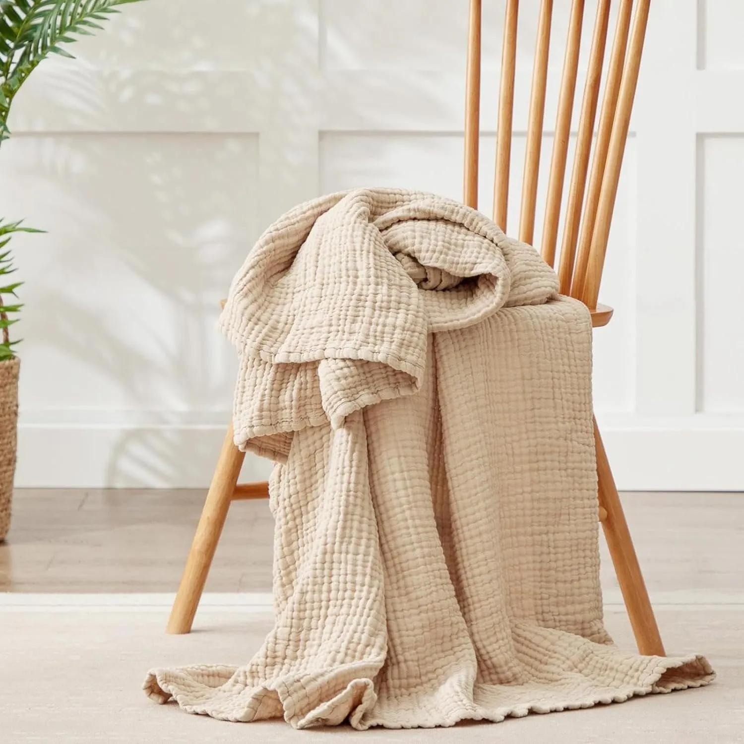 100% Cotton Blanket Large 50"x 70", 6 Layers Muslin Blankets, Cooling and Soft Throw Blanket for Couch, Breathable Quilt Bedspread, Gauze Bedding for Adults, Oatmeal, Beige Linen
