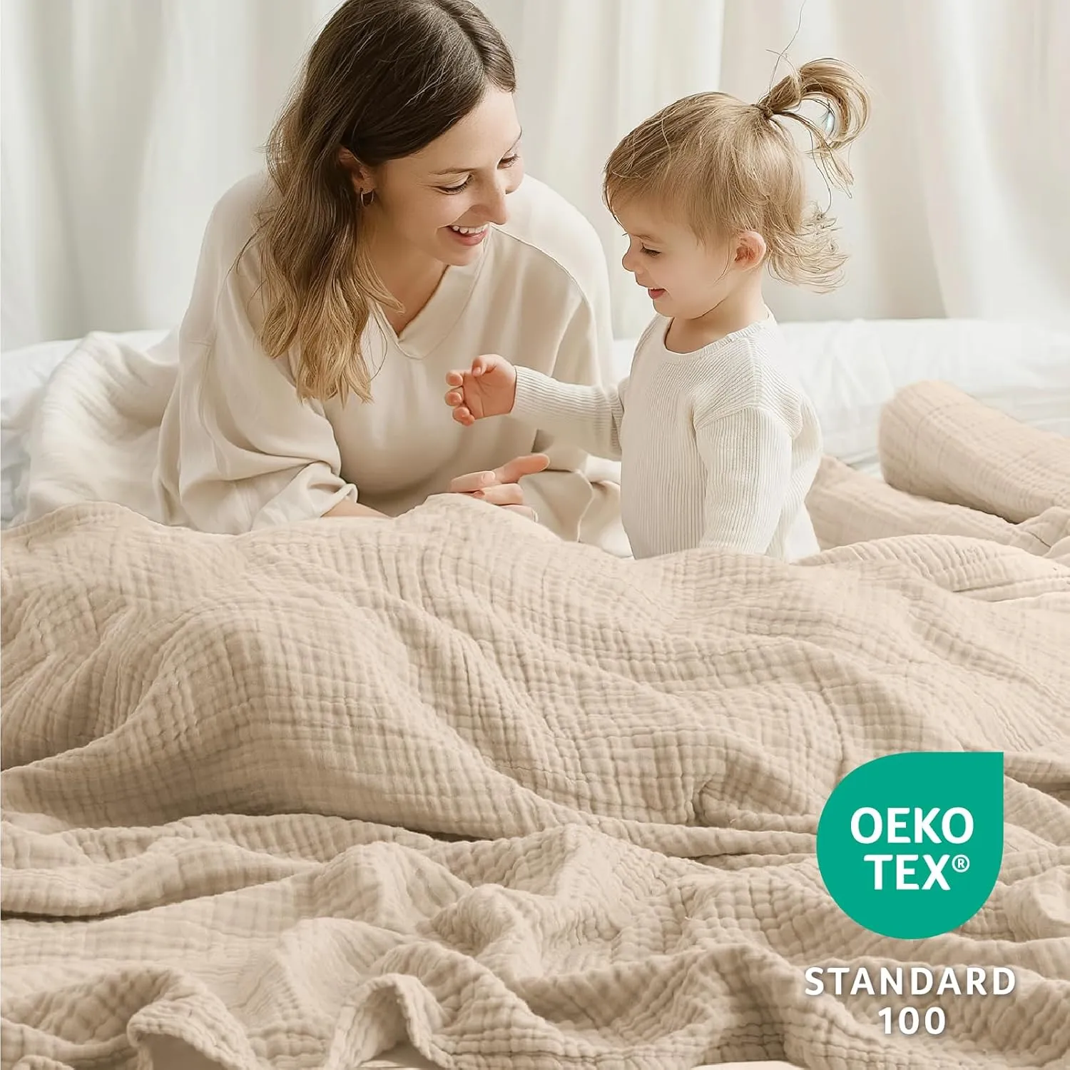100% Cotton Blanket Large 50"x 70", 6 Layers Muslin Blankets, Cooling and Soft Throw Blanket for Couch, Breathable Quilt Bedspread, Gauze Bedding for Adults, Oatmeal, Beige Linen