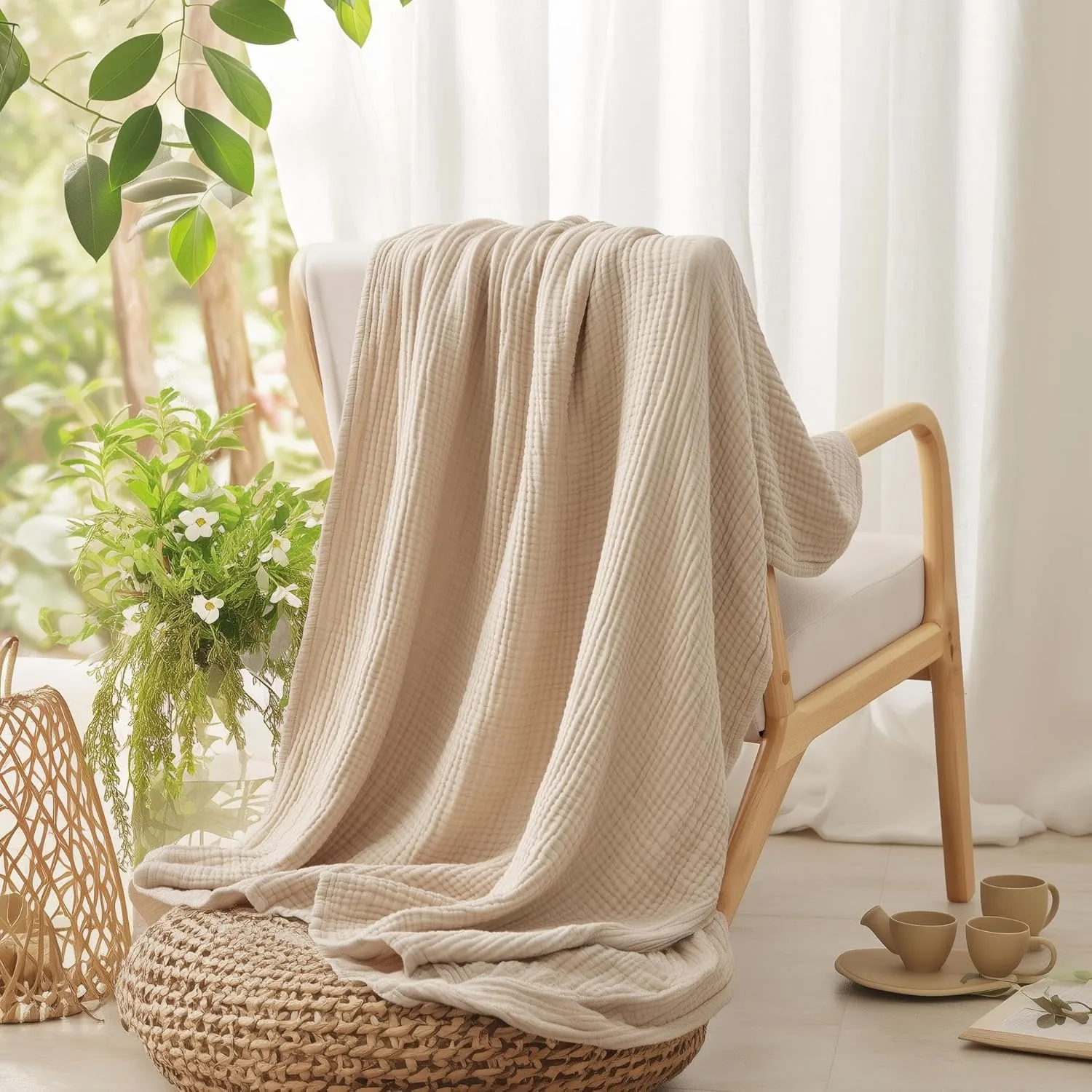 100% Cotton Blanket Large 50"x 70", 6 Layers Muslin Blankets, Cooling and Soft Throw Blanket for Couch, Breathable Quilt Bedspread, Gauze Bedding for Adults, Oatmeal, Beige Linen