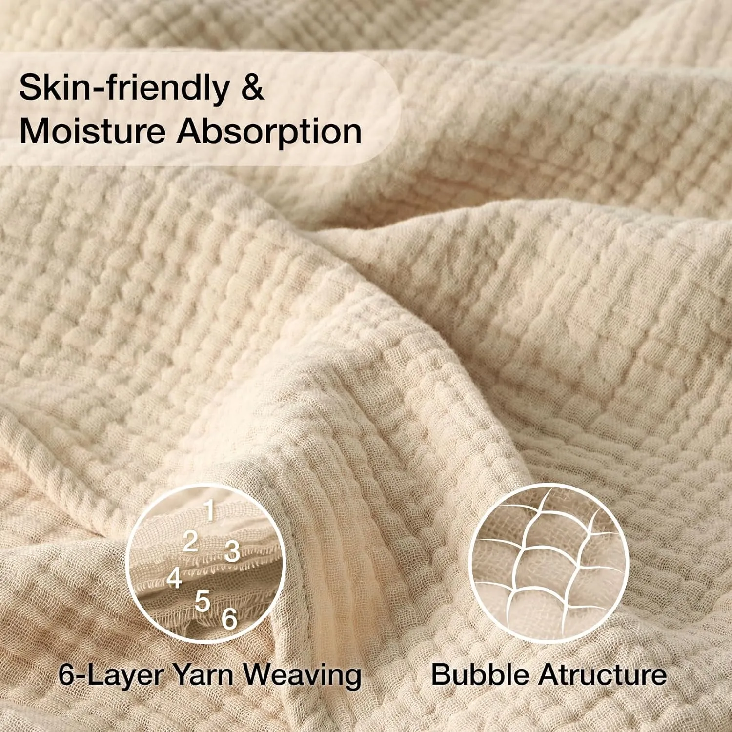 100% Cotton Blanket Large 50"x 70", 6 Layers Muslin Blankets, Cooling and Soft Throw Blanket for Couch, Breathable Quilt Bedspread, Gauze Bedding for Adults, Oatmeal, Beige Linen