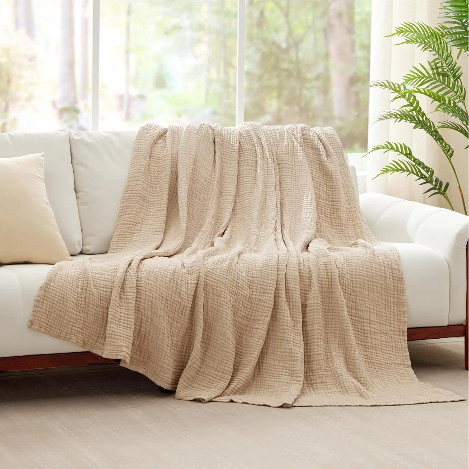 100% Cotton Blanket Large 50"x 70", 6 Layers Muslin Blankets, Cooling and Soft Throw Blanket for Couch, Breathable Quilt Bedspread, Gauze Bedding for Adults, Oatmeal, Beige Linen