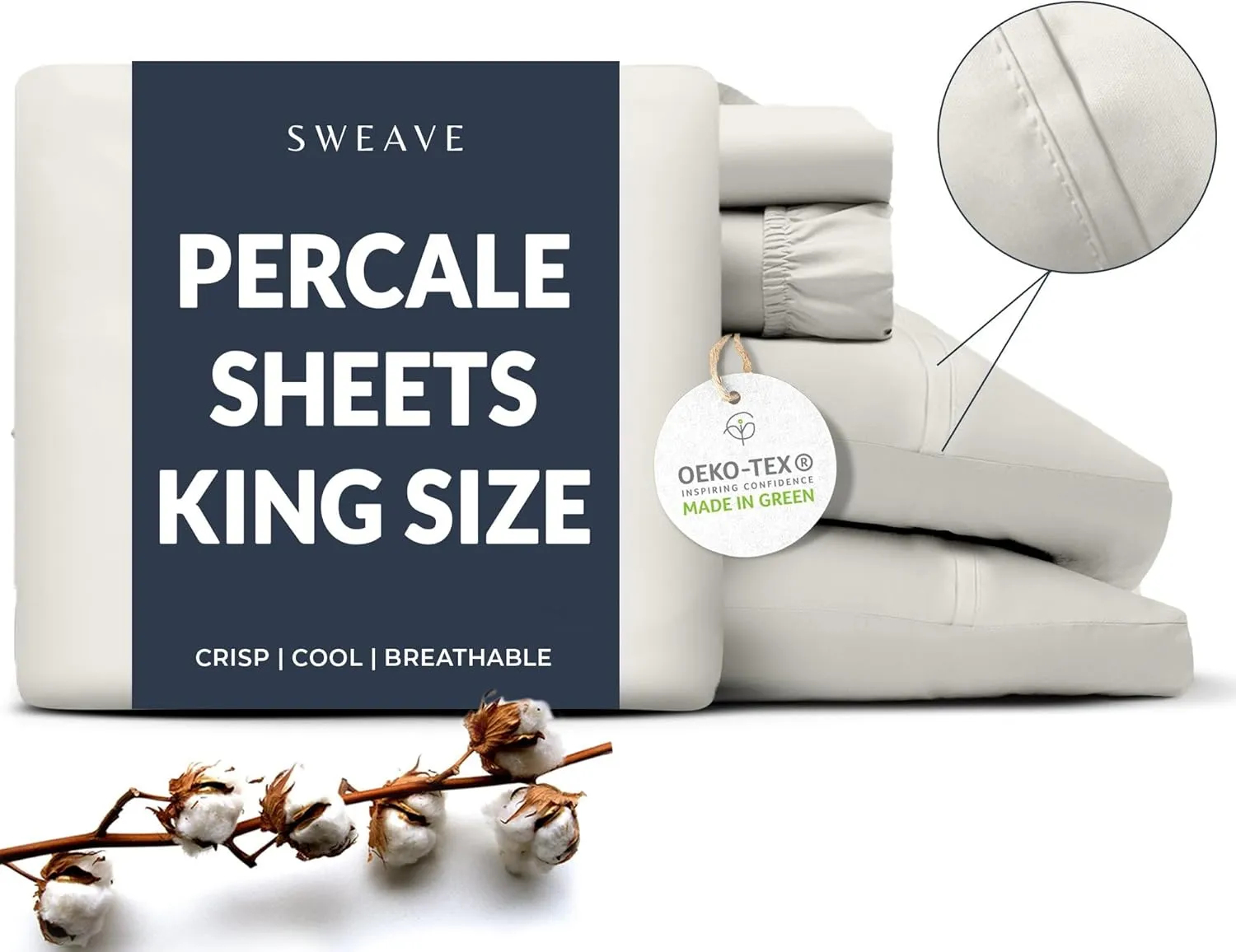 100% Cotton Percale Sheets King Size - Cool & Crisp Hotel Feeling, Breathable, Softer After Each Wash, Fitted Sheets with Deep Pockets, Double-Elastic & Corner Straps, Z-Hem Luxury Stitching