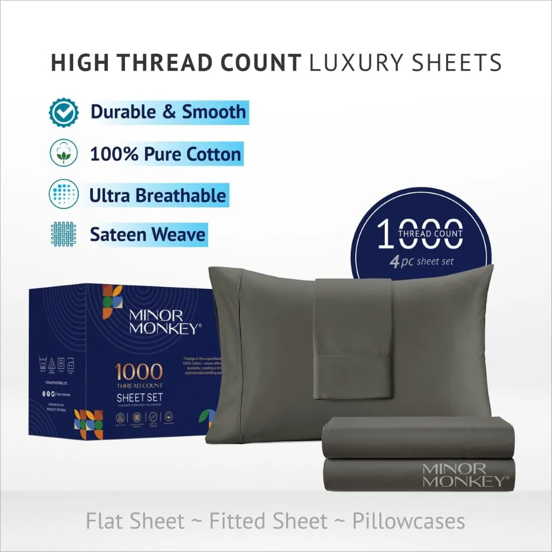 100% Egyptian Cotton Sheets California King Size, 1000 Thread Count Luxury Breathable Sheet, 4Pc Cal. King Size Bed Sheet Set, Long Staple 16" Deep Pocket Sheets Set: Dark Grey
