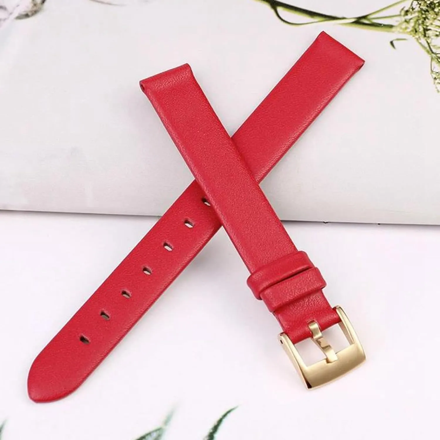 12mm/14mm Women Small Size Flat Grain Genuine Leather Watch Strap with Silvery/Gold/Rosegold Pin Clasp