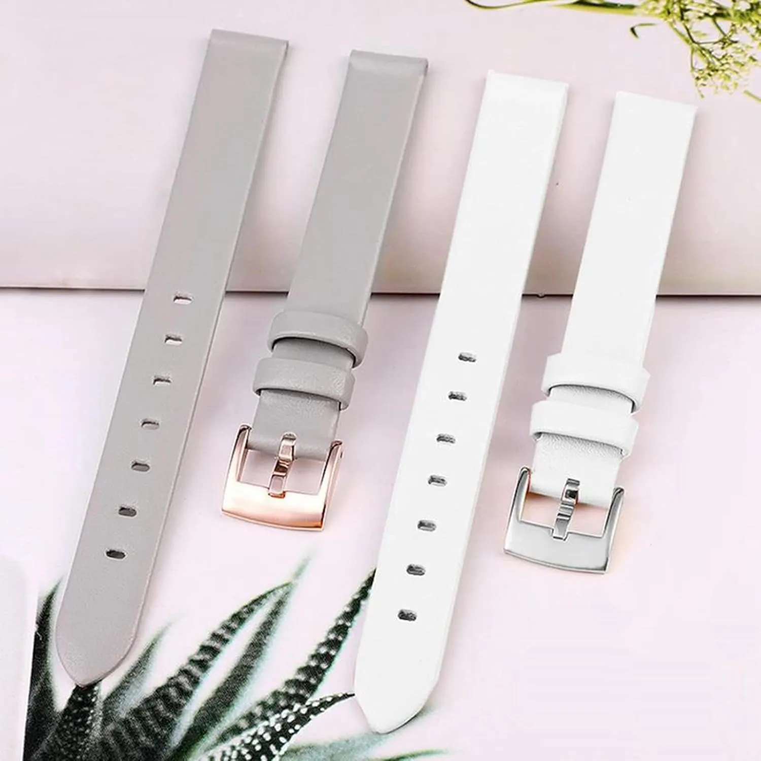 12mm/14mm Women Small Size Flat Grain Genuine Leather Watch Strap with Silvery/Gold/Rosegold Pin Clasp