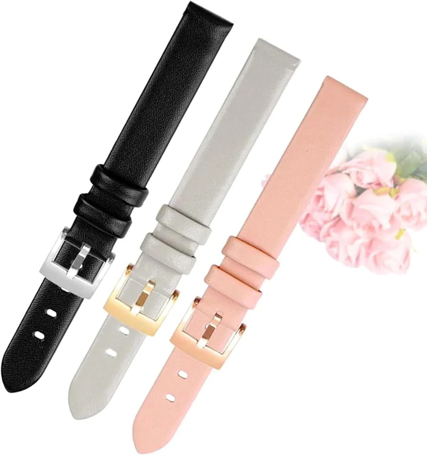 12mm/14mm Women Small Size Flat Grain Genuine Leather Watch Strap with Silvery/Gold/Rosegold Pin Clasp