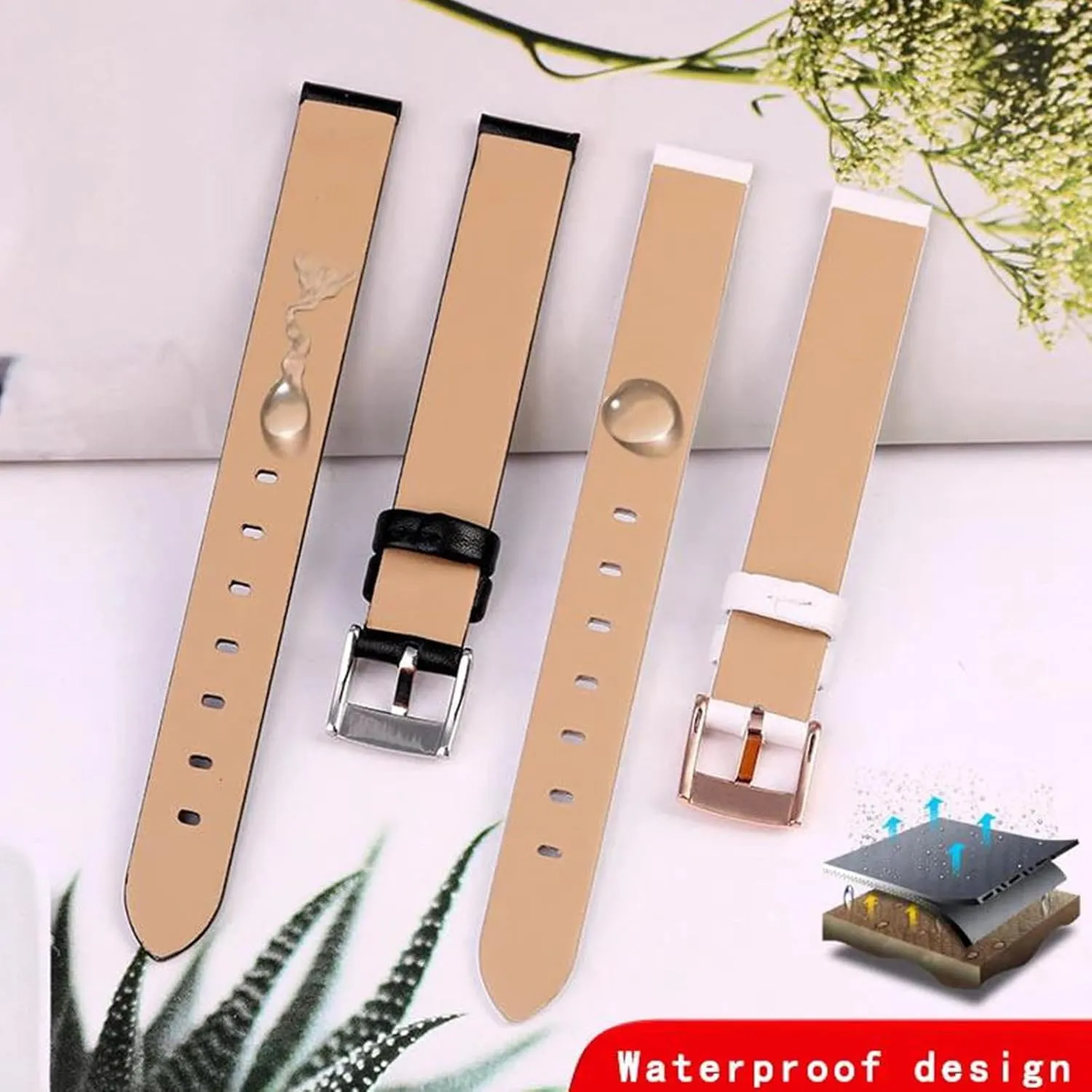12mm/14mm Women Small Size Flat Grain Genuine Leather Watch Strap with Silvery/Gold/Rosegold Pin Clasp