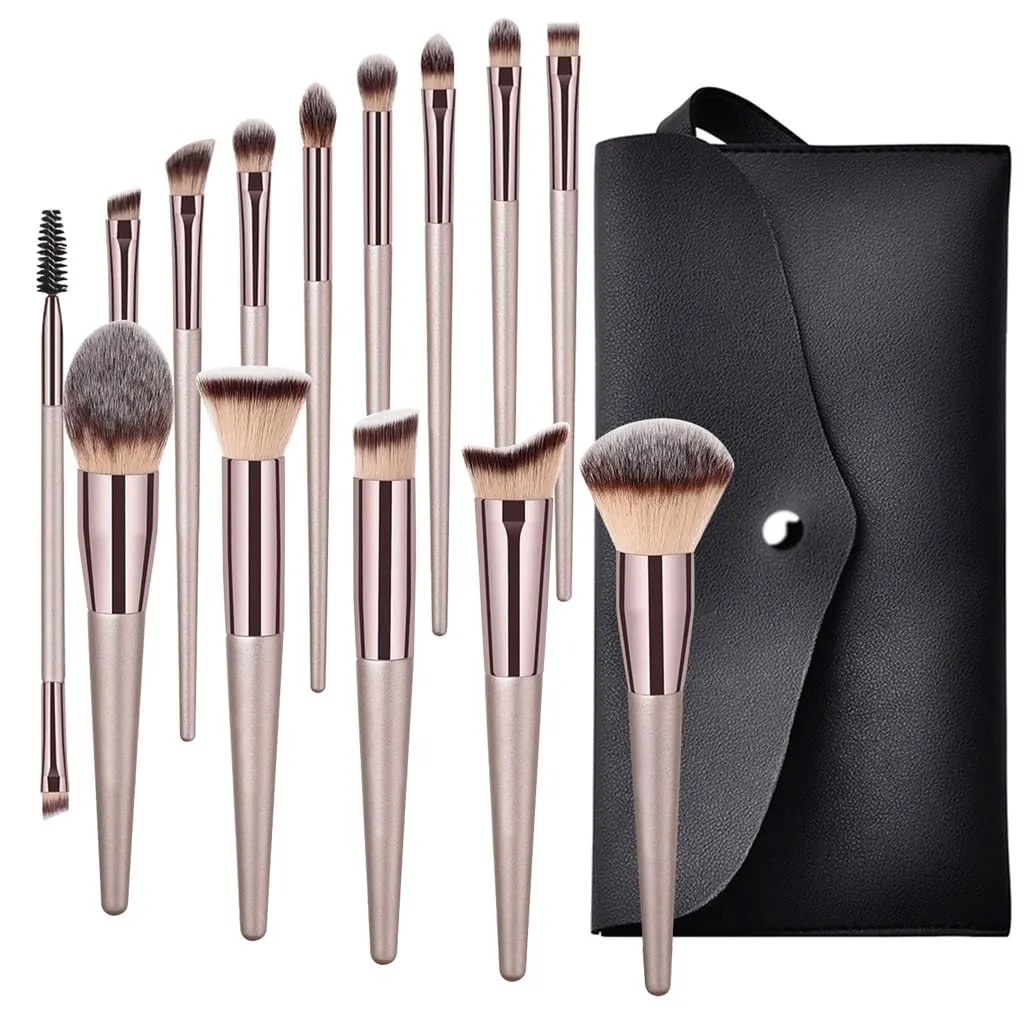 14 Champagne Gold Wood Handle Makeup Brush Beauty Tools Foundation Make Up Eye Shadow Brush Set(D,22cm)