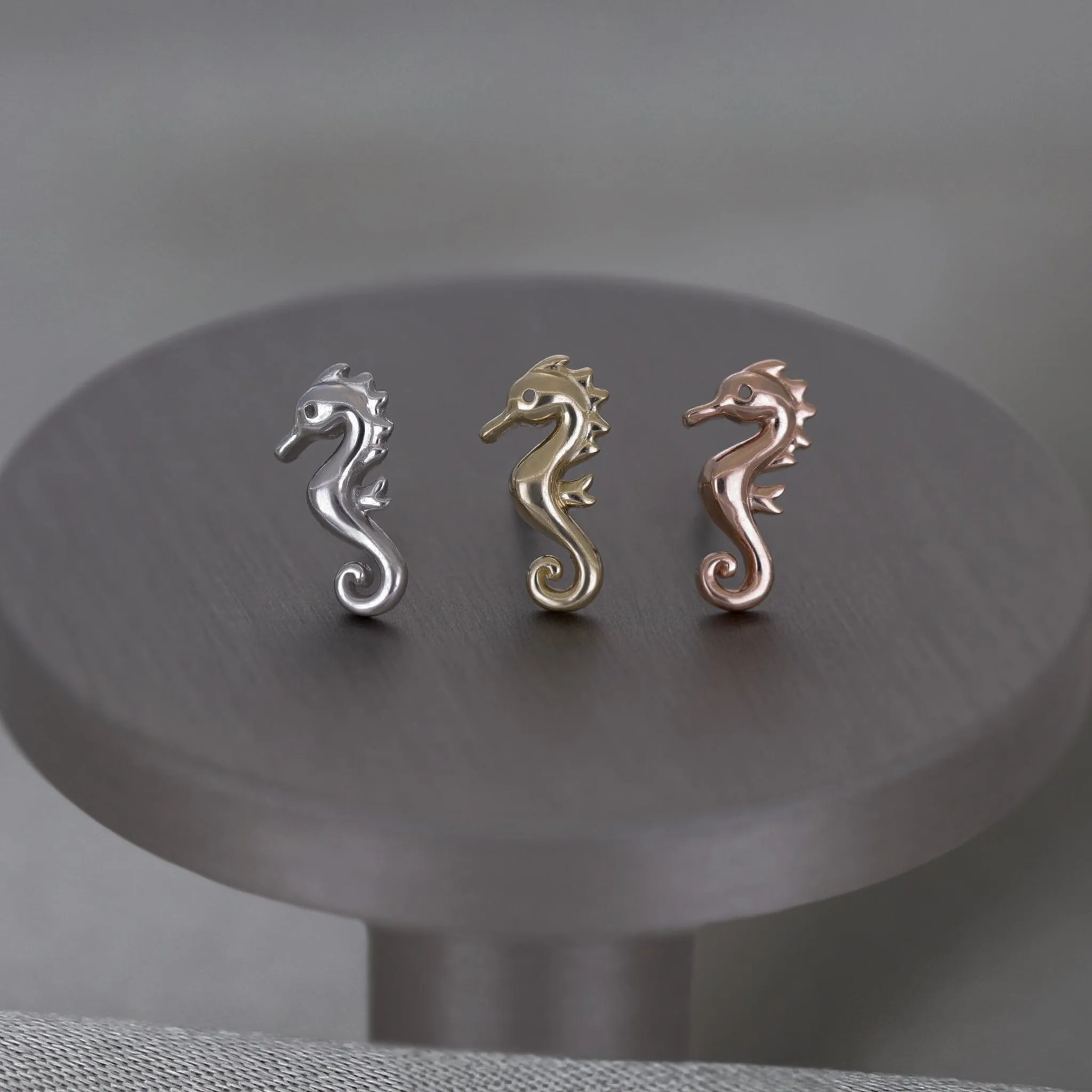 14K Solid Gold Tiny Seahorse Flat Back Earring