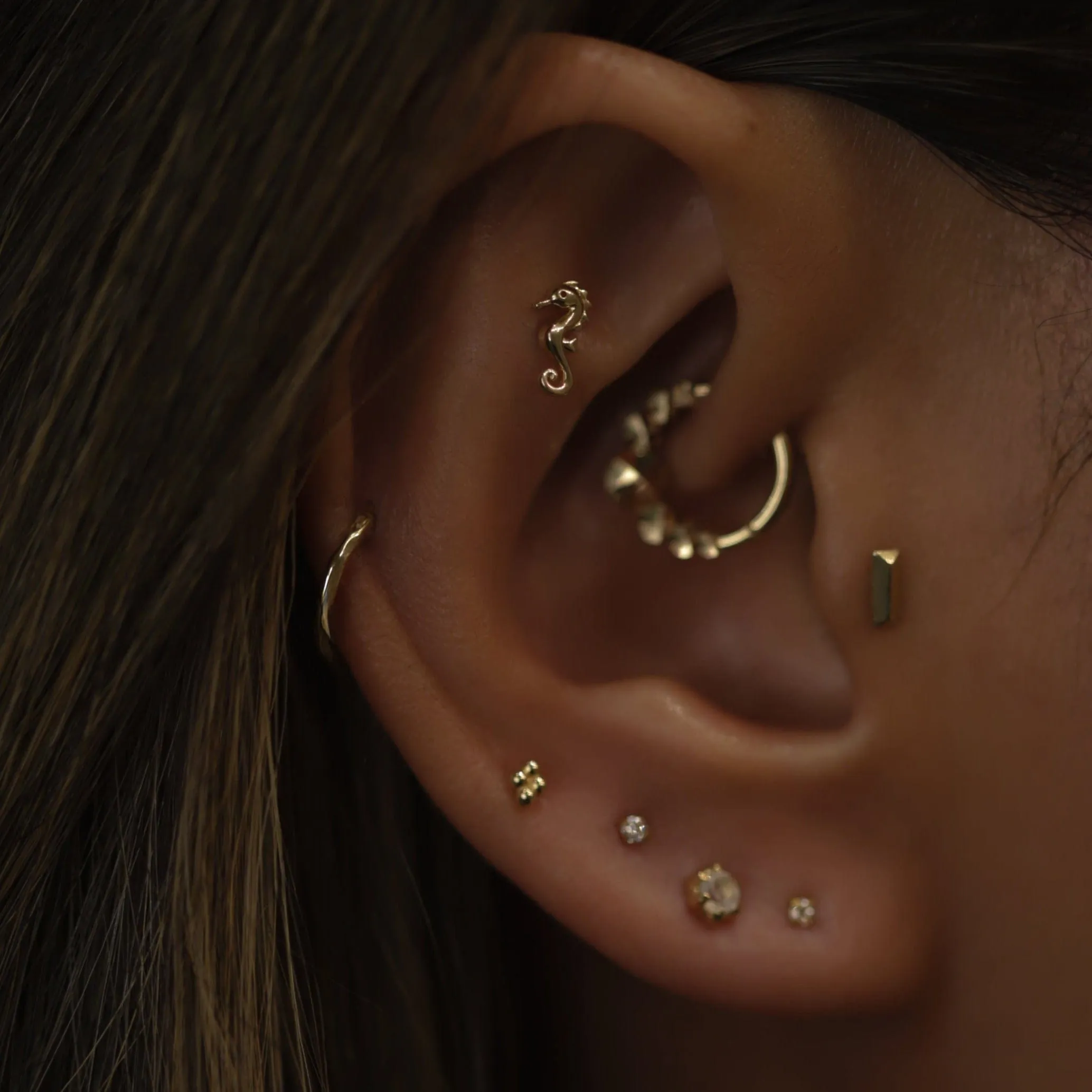 14K Solid Gold Tiny Seahorse Flat Back Earring