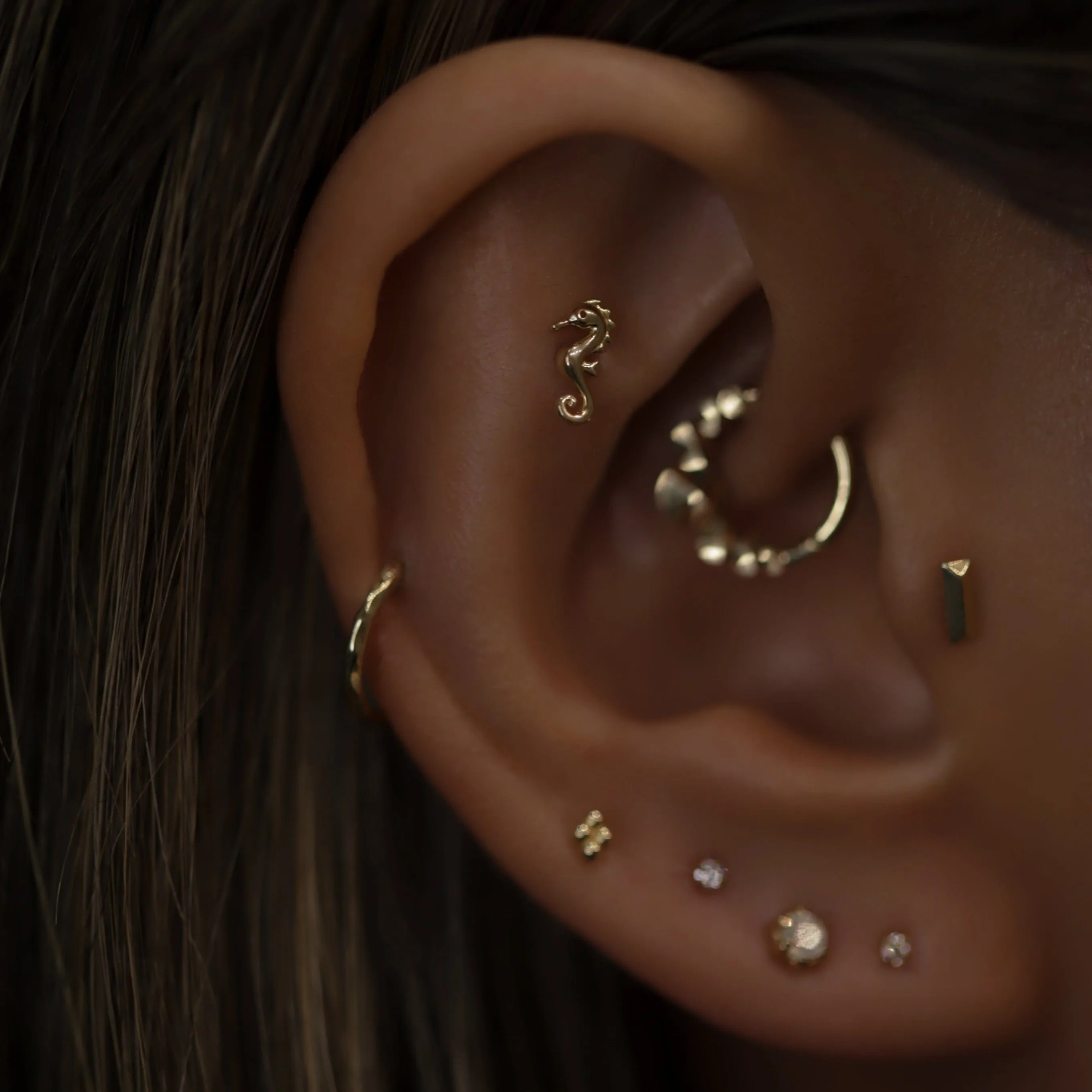 14K Solid Gold Tiny Seahorse Flat Back Earring