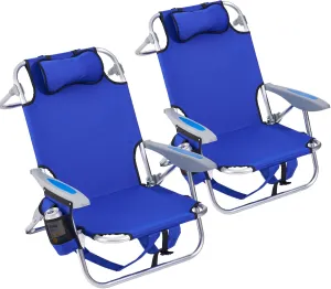 2 Pack Lightweight Portable Camping Beach Chair for Adults, Outdoor Lay Flat Folding Beach Chairs with 4 Positions, Backpack Beach Chair with Towel Bar, Cooler Pouch, Cup Holder, Blue