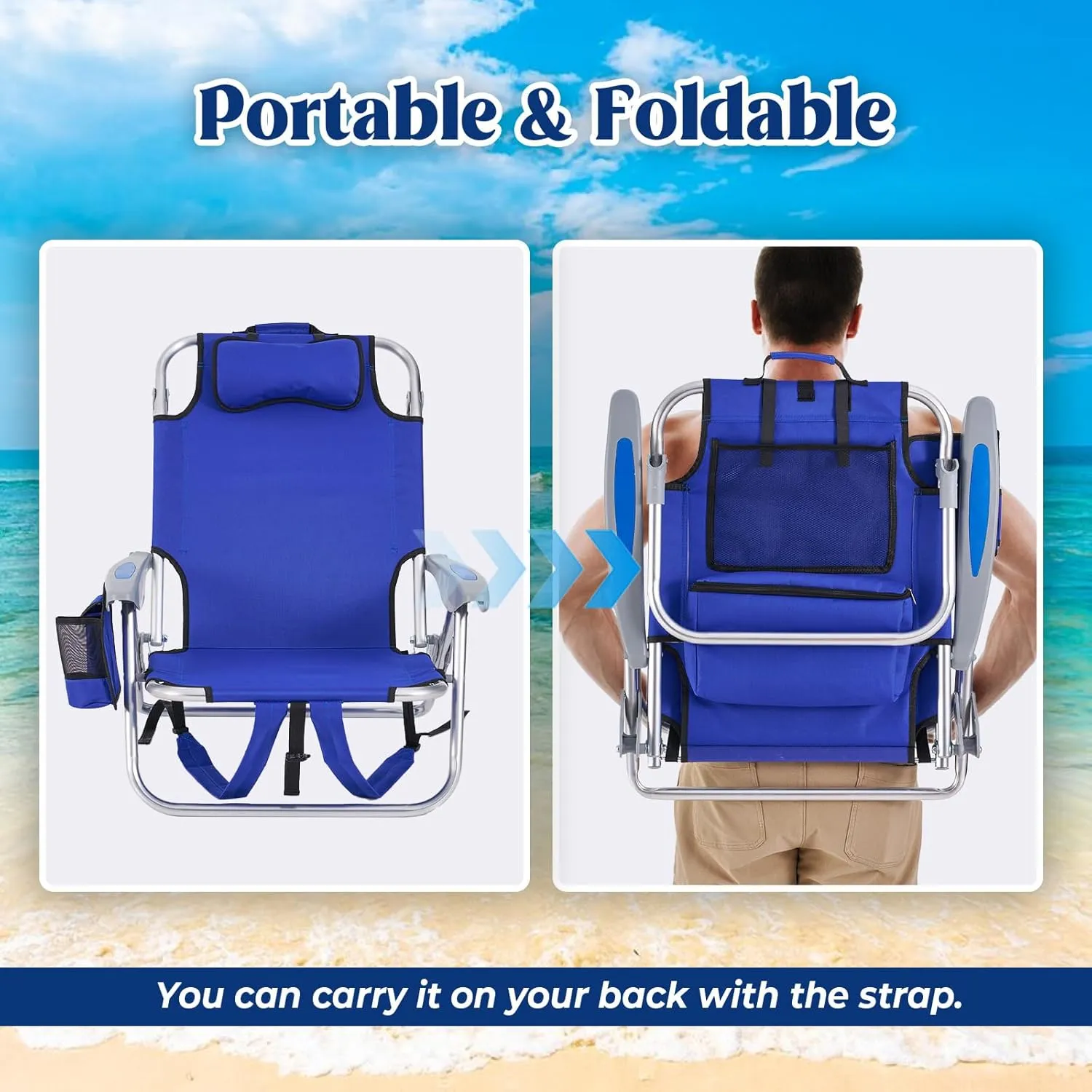 2 Pack Lightweight Portable Camping Beach Chair for Adults, Outdoor Lay Flat Folding Beach Chairs with 4 Positions, Backpack Beach Chair with Towel Bar, Cooler Pouch, Cup Holder, Blue