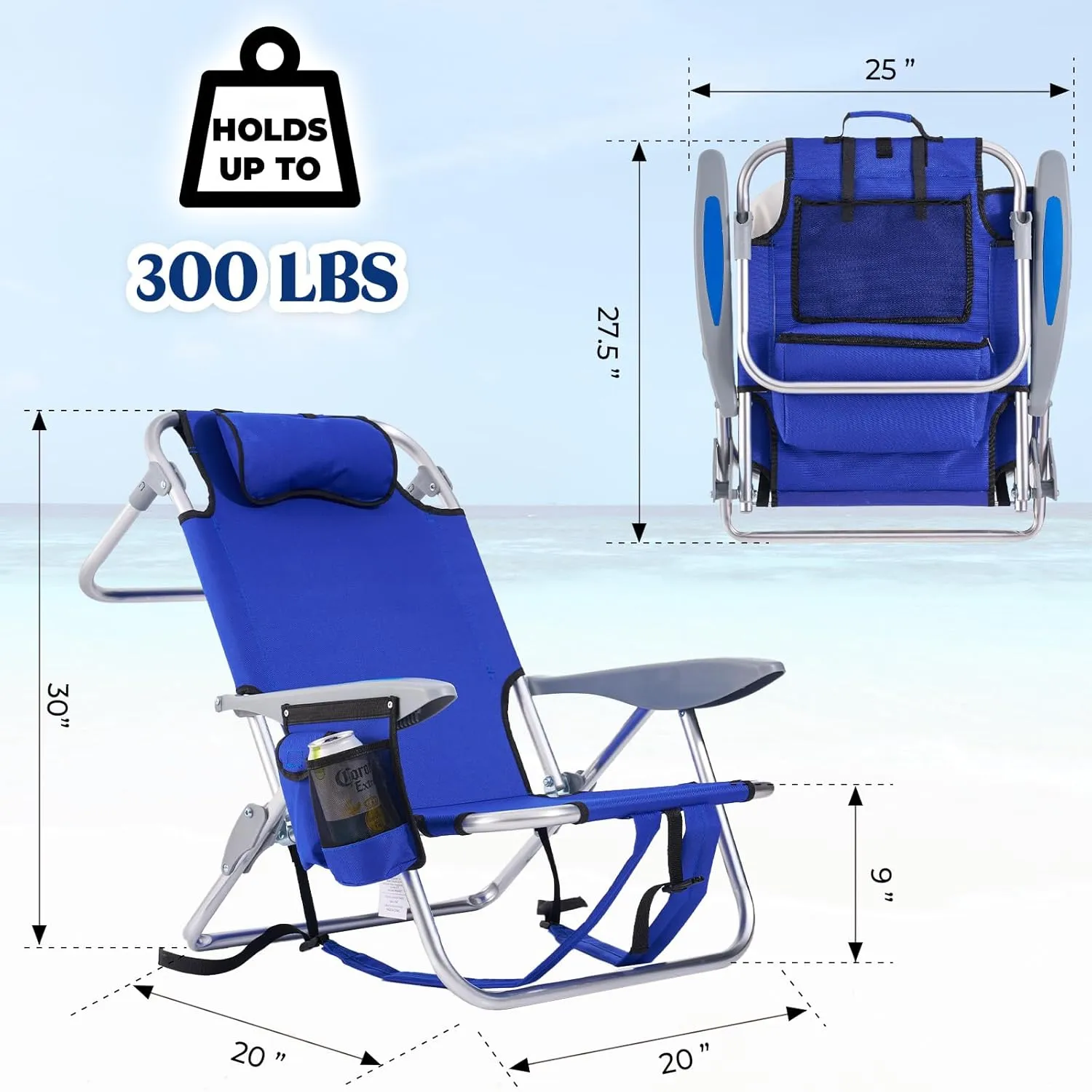 2 Pack Lightweight Portable Camping Beach Chair for Adults, Outdoor Lay Flat Folding Beach Chairs with 4 Positions, Backpack Beach Chair with Towel Bar, Cooler Pouch, Cup Holder, Blue