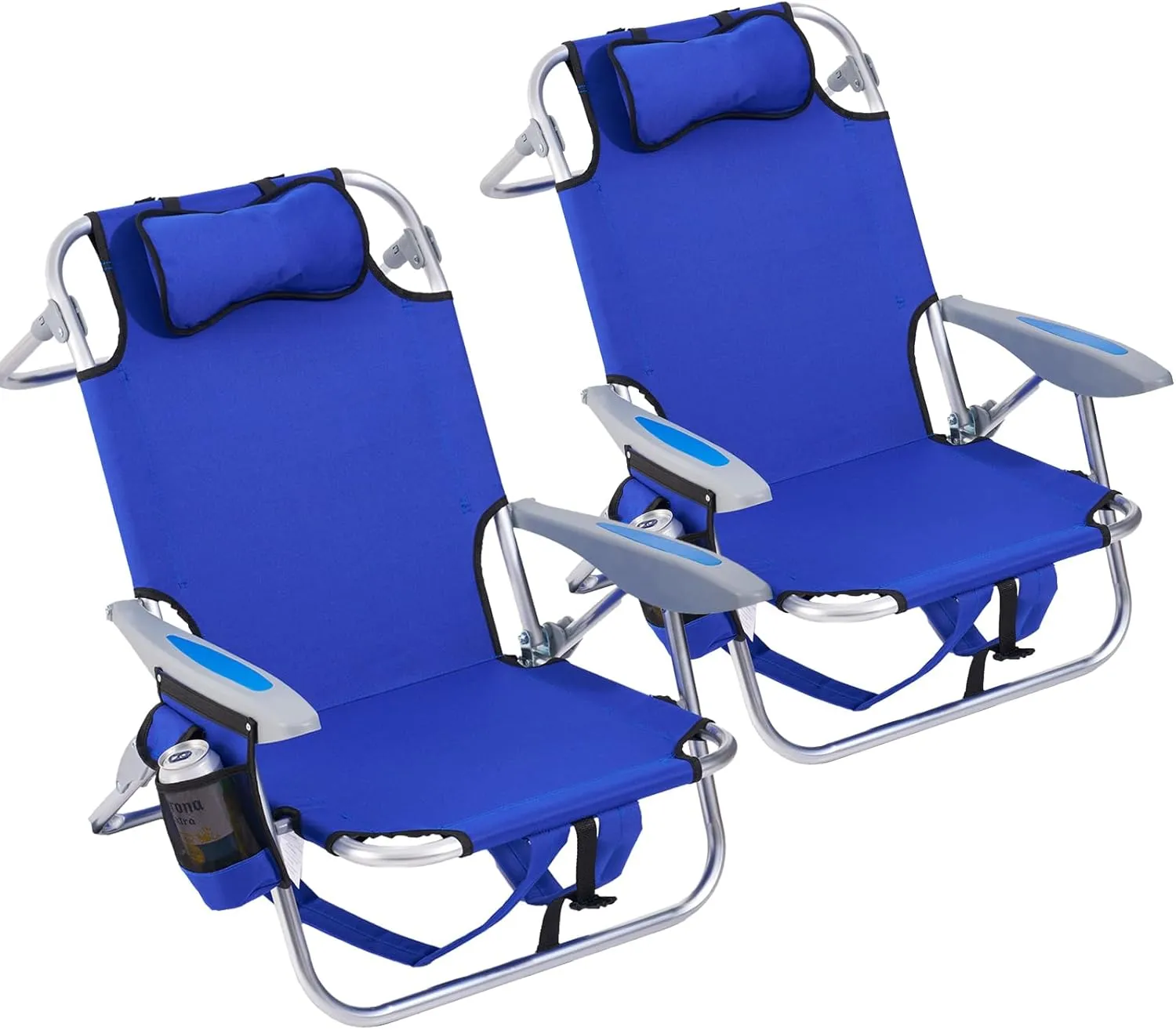 2 Pack Lightweight Portable Camping Beach Chair for Adults, Outdoor Lay Flat Folding Beach Chairs with 4 Positions, Backpack Beach Chair with Towel Bar, Cooler Pouch, Cup Holder, Blue