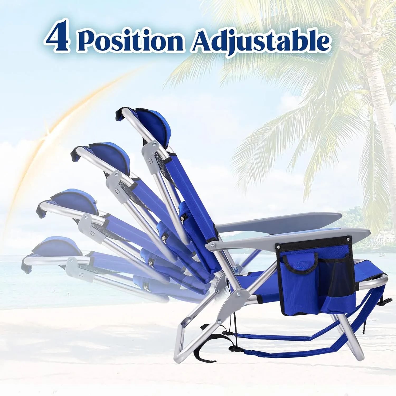 2 Pack Lightweight Portable Camping Beach Chair for Adults, Outdoor Lay Flat Folding Beach Chairs with 4 Positions, Backpack Beach Chair with Towel Bar, Cooler Pouch, Cup Holder, Blue
