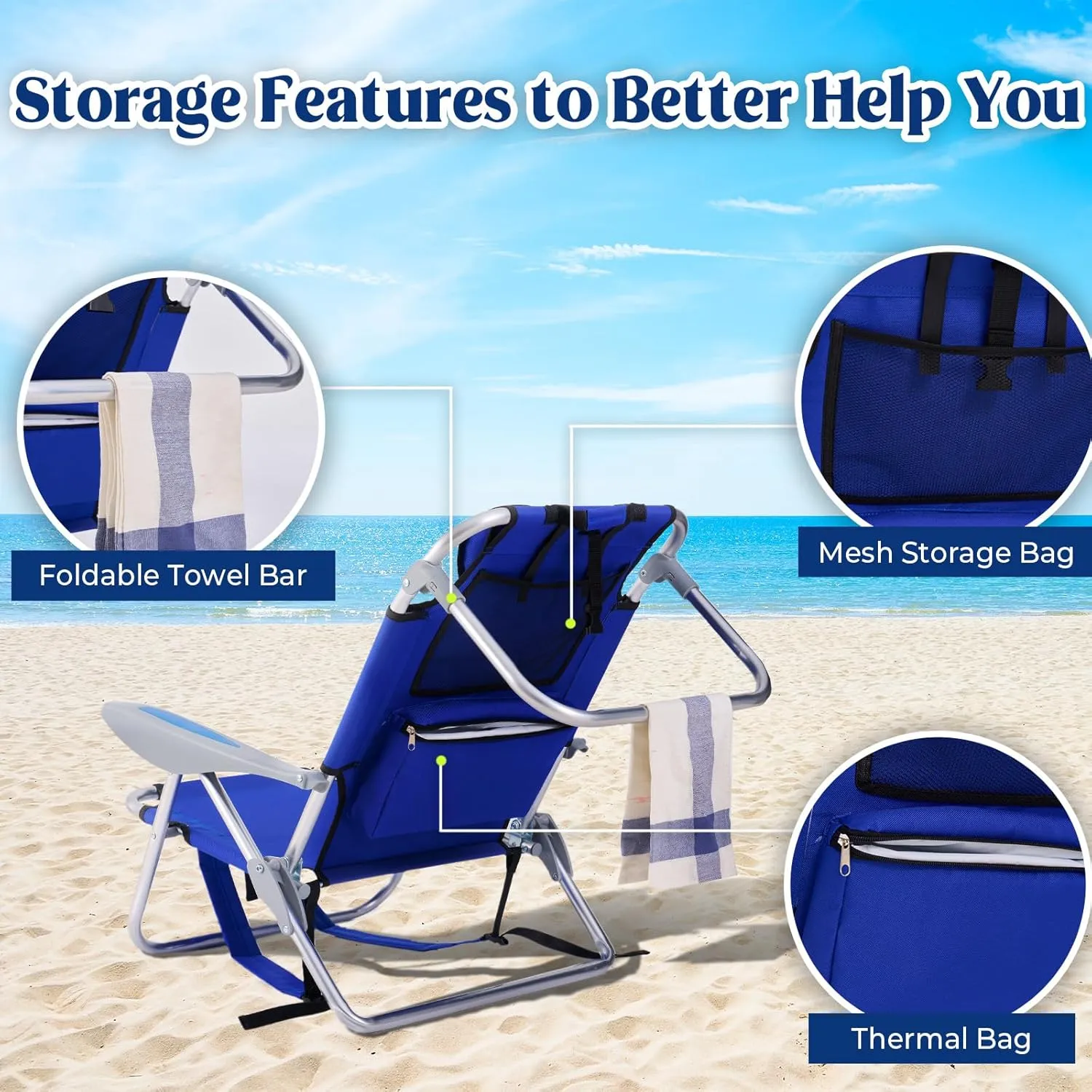 2 Pack Lightweight Portable Camping Beach Chair for Adults, Outdoor Lay Flat Folding Beach Chairs with 4 Positions, Backpack Beach Chair with Towel Bar, Cooler Pouch, Cup Holder, Blue