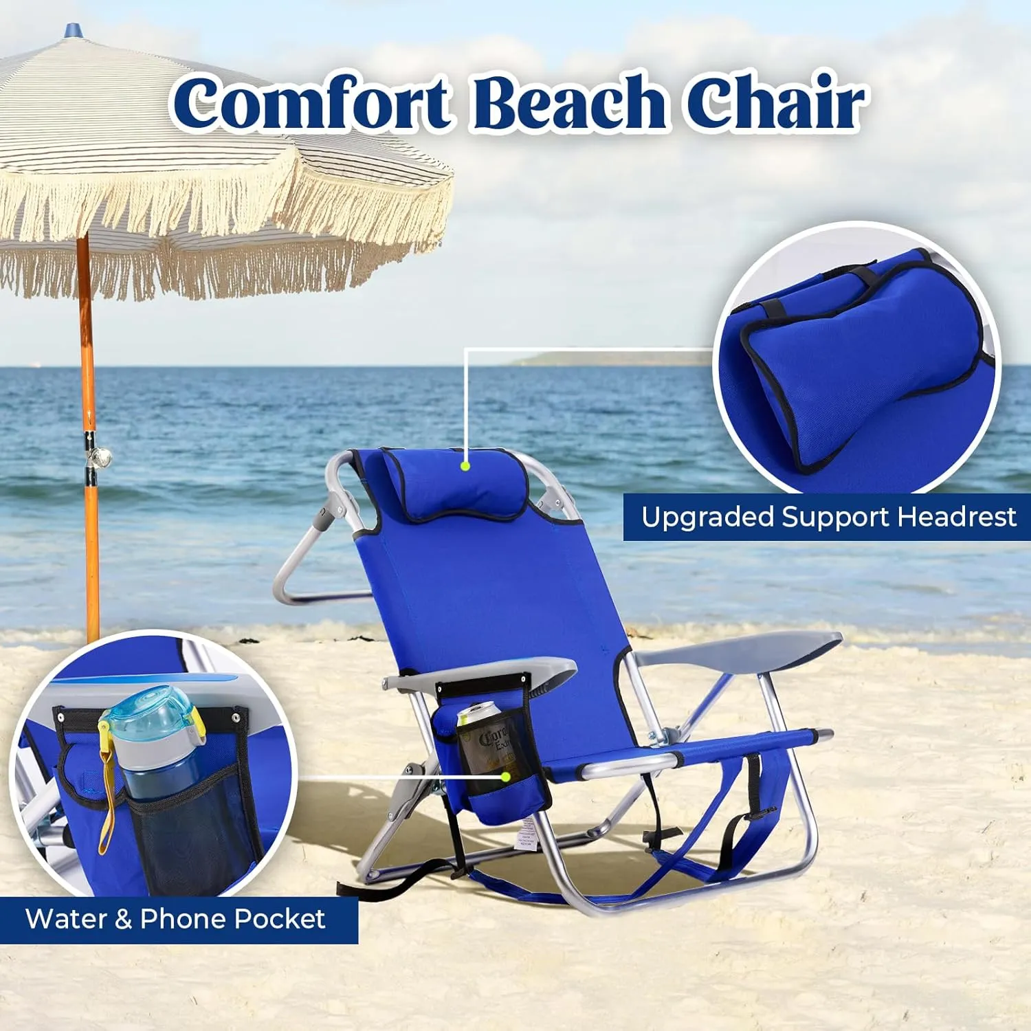2 Pack Lightweight Portable Camping Beach Chair for Adults, Outdoor Lay Flat Folding Beach Chairs with 4 Positions, Backpack Beach Chair with Towel Bar, Cooler Pouch, Cup Holder, Blue