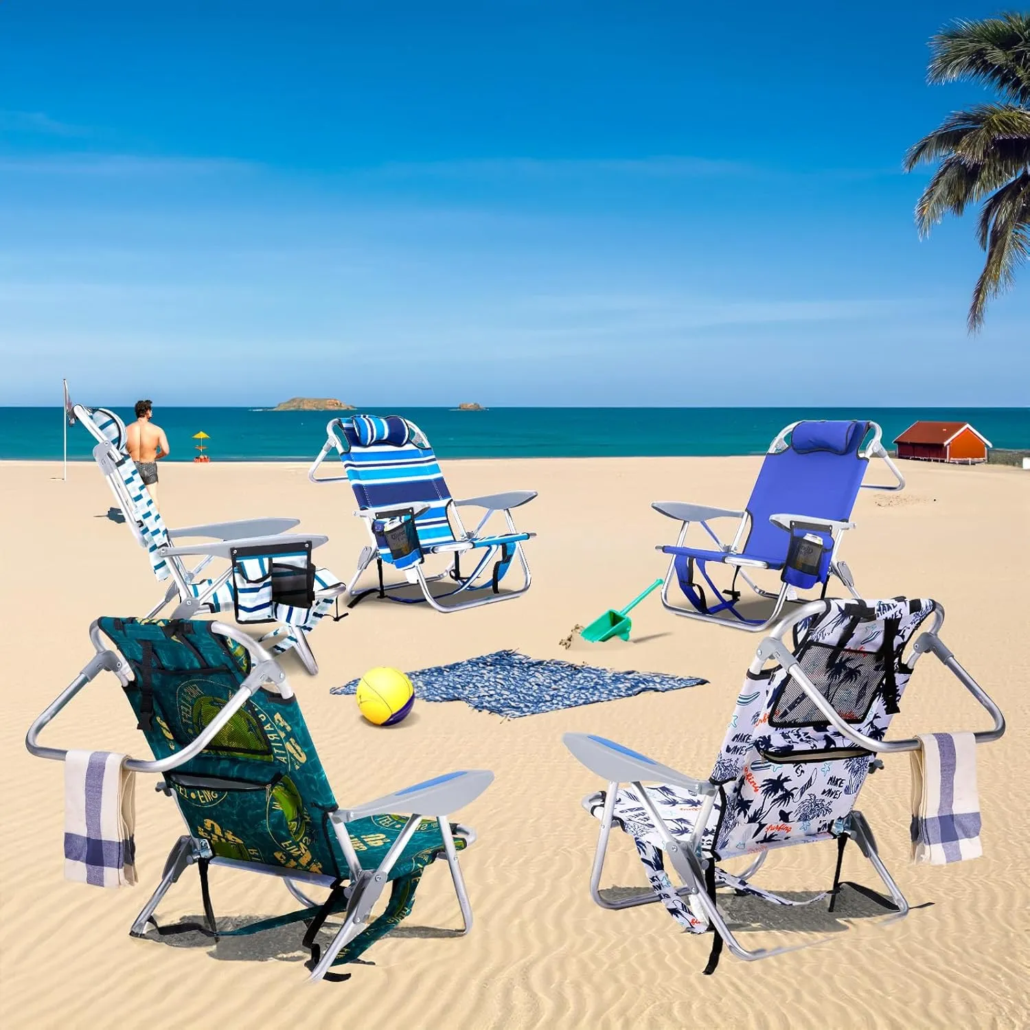 2 Pack Lightweight Portable Camping Beach Chair for Adults, Outdoor Lay Flat Folding Beach Chairs with 4 Positions, Backpack Beach Chair with Towel Bar, Cooler Pouch, Cup Holder, Blue