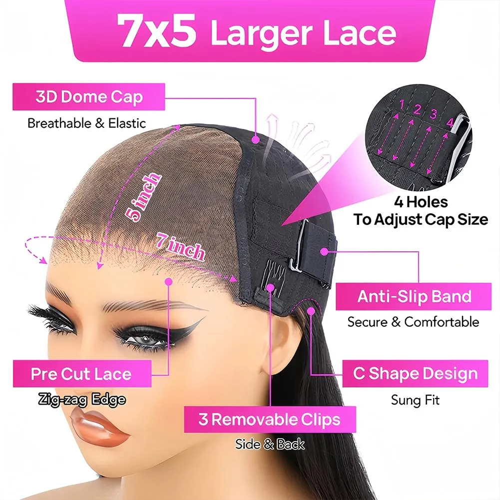24 inch Glueless Wigs Human Hair Pre Plucked Pre Cut 7X5 HD Lace Upgrade Invisible Knots Wear and Go Deep Wave No Glue Lace Wig, Glueless Wig Human Hair Wigs Natural black 200% Density