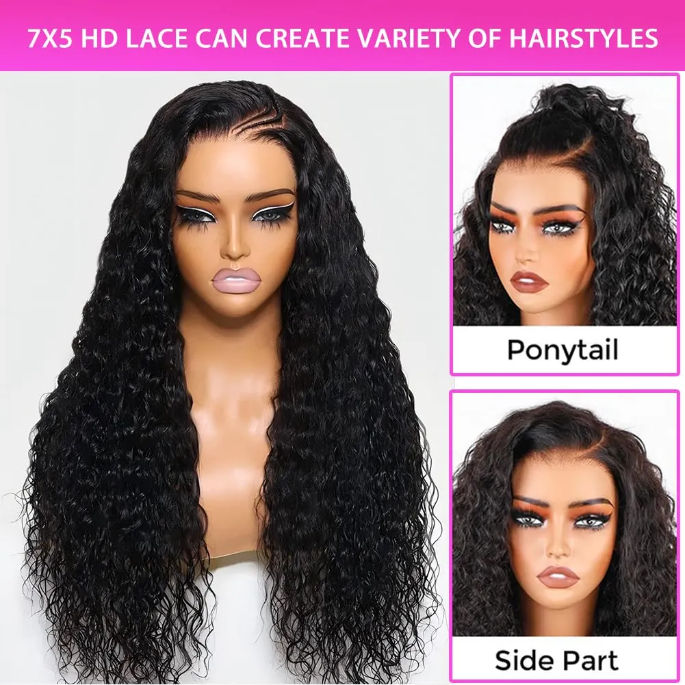 24 inch Glueless Wigs Human Hair Pre Plucked Pre Cut 7X5 HD Lace Upgrade Invisible Knots Wear and Go Deep Wave No Glue Lace Wig, Glueless Wig Human Hair Wigs Natural black 200% Density