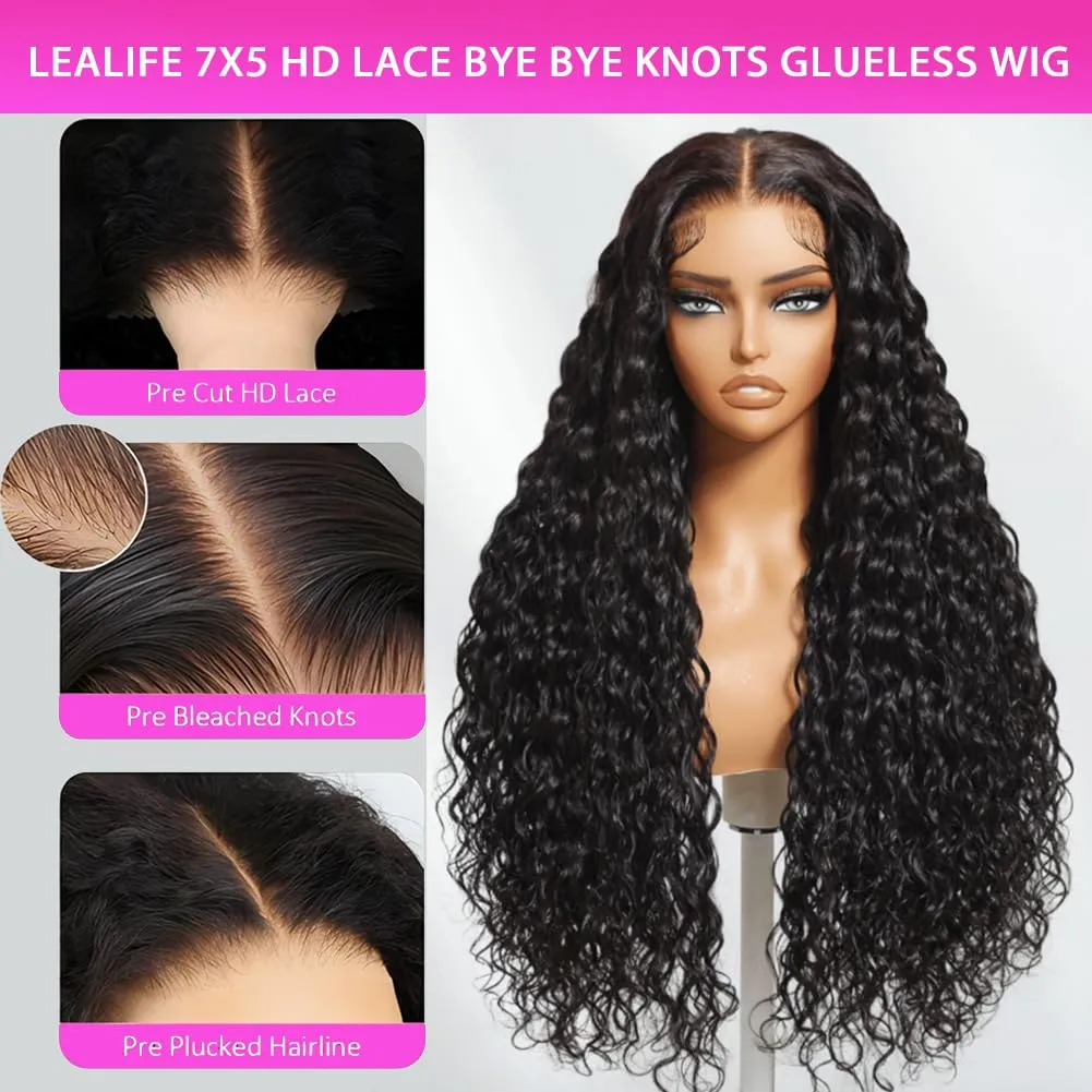 24 inch Glueless Wigs Human Hair Pre Plucked Pre Cut 7X5 HD Lace Upgrade Invisible Knots Wear and Go Deep Wave No Glue Lace Wig, Glueless Wig Human Hair Wigs Natural black 200% Density