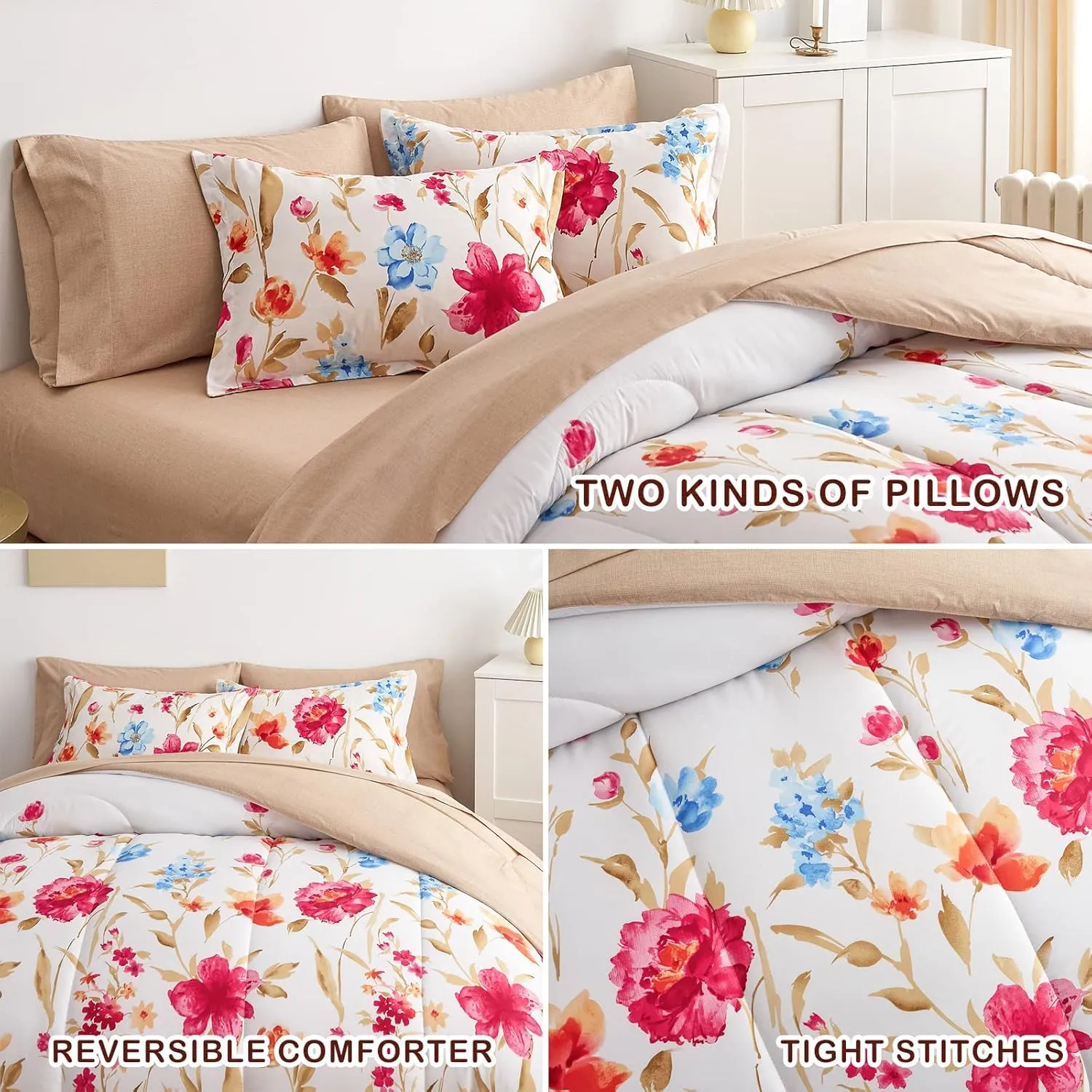 6 Piece Bed in a Bag Twin, Colorful Flower Golden Leaves Botanical Design, Microfiber Bedding Comforter Set for All Season (1 Comforter, 2 Pillow Shams, 1 Flat Sheet, 1 Fitted Sheet, 1 Pillowcase)
