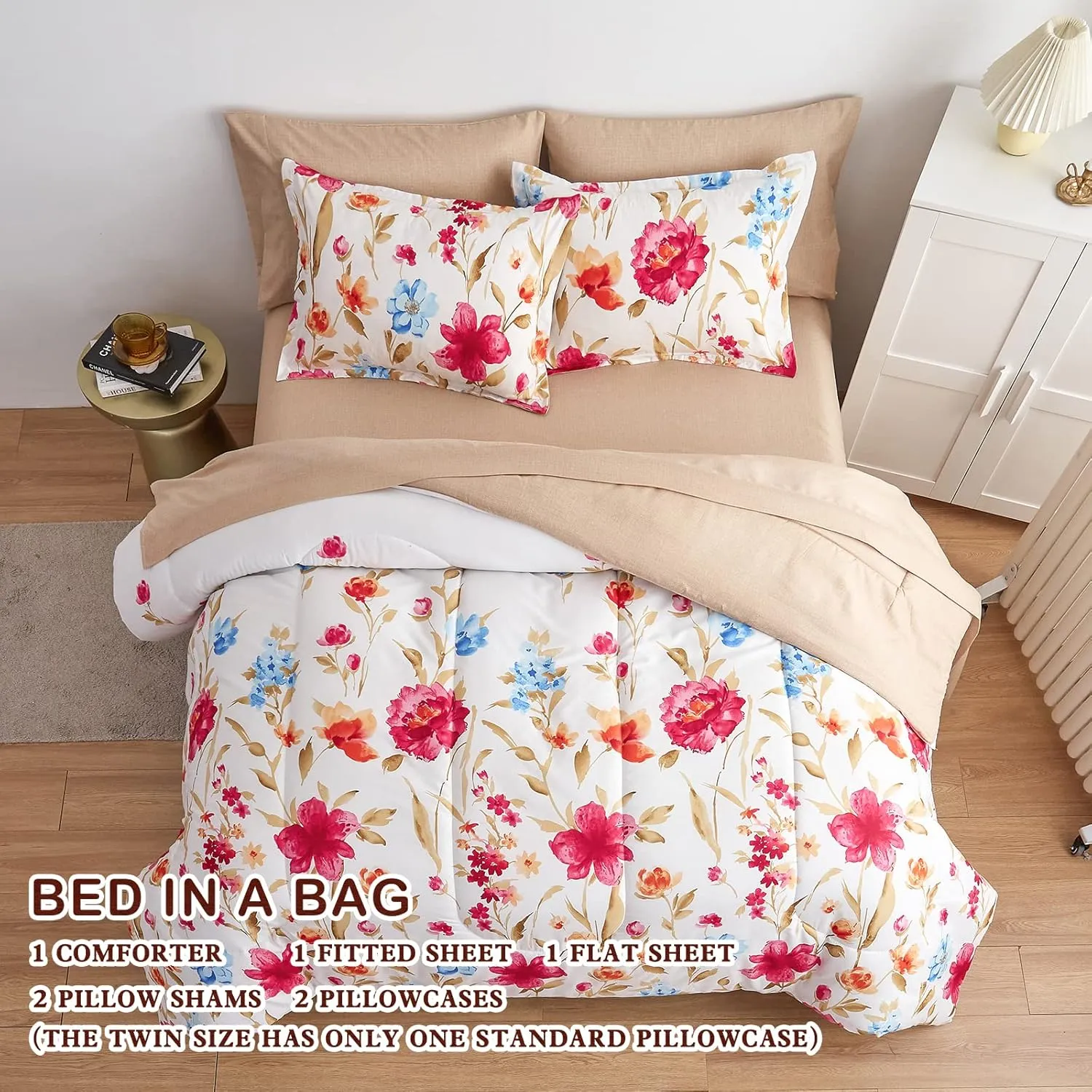 6 Piece Bed in a Bag Twin, Colorful Flower Golden Leaves Botanical Design, Microfiber Bedding Comforter Set for All Season (1 Comforter, 2 Pillow Shams, 1 Flat Sheet, 1 Fitted Sheet, 1 Pillowcase)