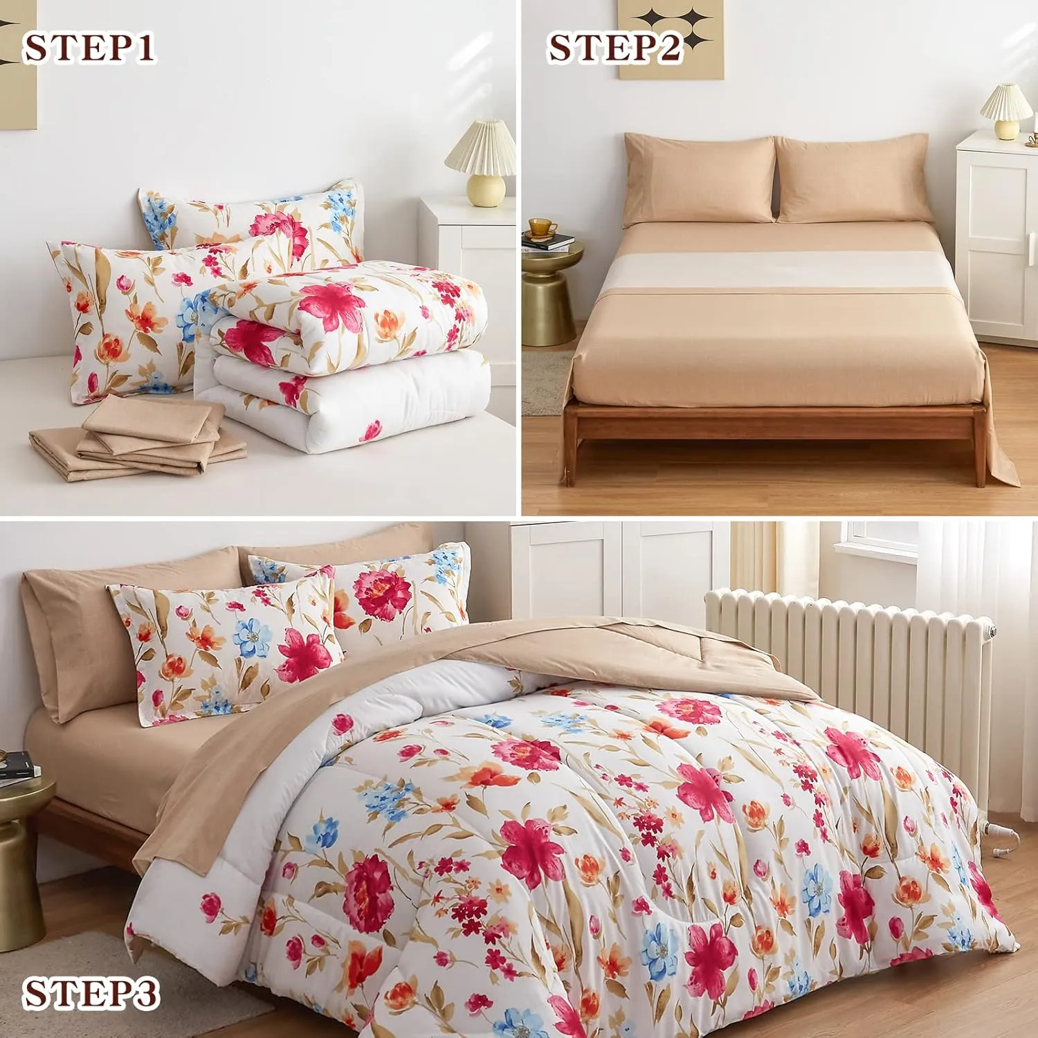 6 Piece Bed in a Bag Twin, Colorful Flower Golden Leaves Botanical Design, Microfiber Bedding Comforter Set for All Season (1 Comforter, 2 Pillow Shams, 1 Flat Sheet, 1 Fitted Sheet, 1 Pillowcase)