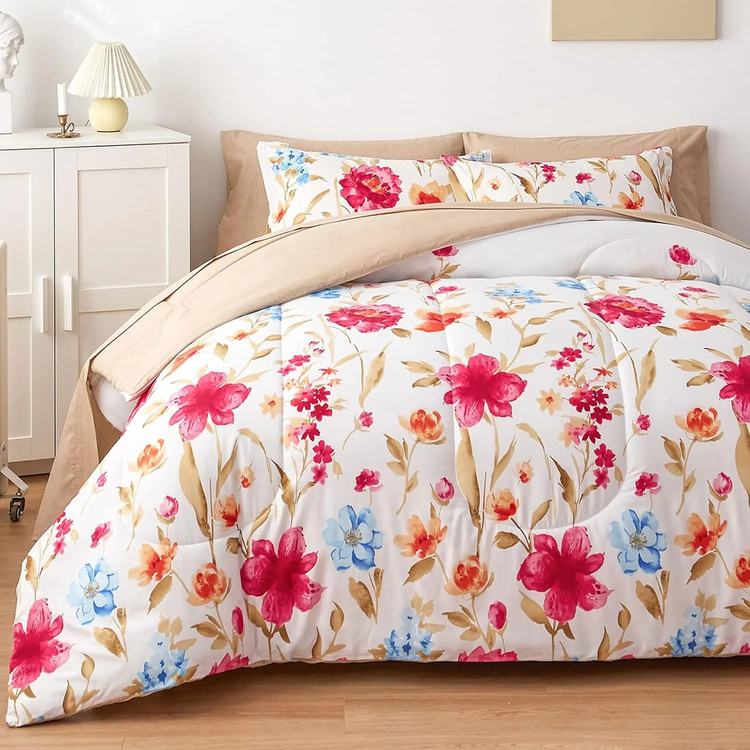 6 Piece Bed in a Bag Twin, Colorful Flower Golden Leaves Botanical Design, Microfiber Bedding Comforter Set for All Season (1 Comforter, 2 Pillow Shams, 1 Flat Sheet, 1 Fitted Sheet, 1 Pillowcase)