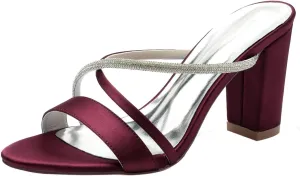 8.5Cm Women Peep Toe Block Heels Pointed Toe Slip on Wedding Shoes Glitter Rhinestone Evening Party Dress Pumps Shoes 6-11.5US,Burgundy,11.5 US