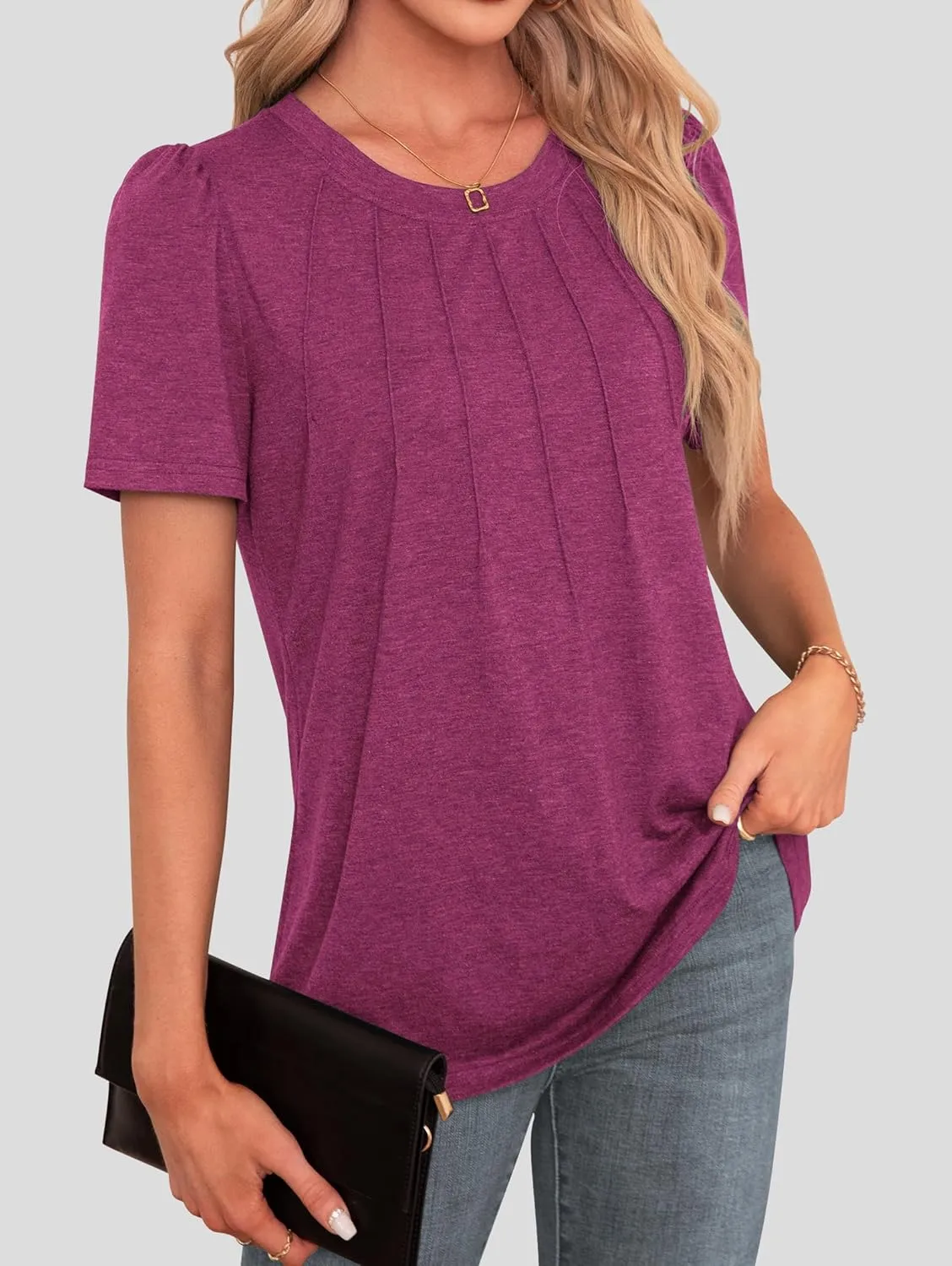 Agnes Urban Womens Tops Dressy Casual Short Sleeve Shirts Summer Loose T Shirts Trendy Tops Pleated Tunic Blouses