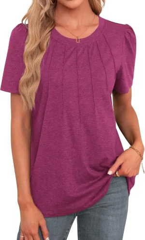 Agnes Urban Womens Tops Dressy Casual Short Sleeve Shirts Summer Loose T Shirts Trendy Tops Pleated Tunic Blouses