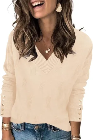 AKEWEI Womens V Neck Sweaters Long Sleeve Lightweight Knit Pullover Tops with Decorative Buttons