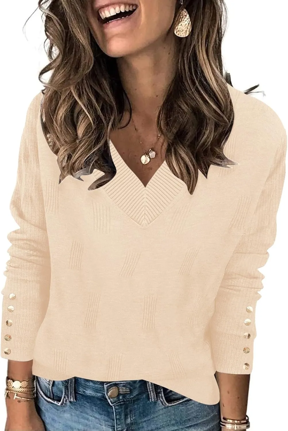 AKEWEI Womens V Neck Sweaters Long Sleeve Lightweight Knit Pullover Tops with Decorative Buttons