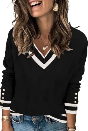 AKEWEI Womens V Neck Sweaters Long Sleeve Lightweight Knit Pullover Tops with Decorative Buttons