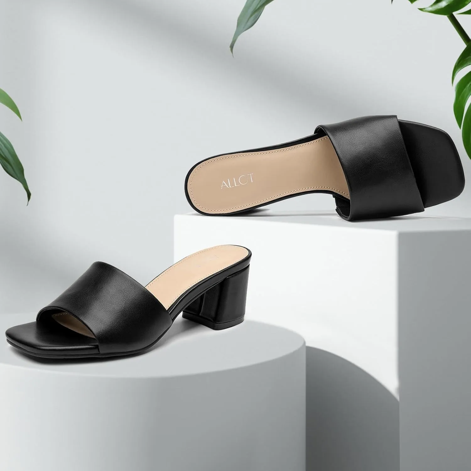 ALLOT Women's Square Toe Heeled Sandals Low Chunky Heel Comfortable Dress Heels Slip on Casual Pumps Shoes