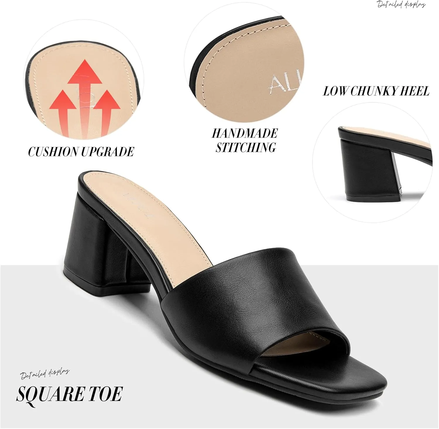 ALLOT Women's Square Toe Heeled Sandals Low Chunky Heel Comfortable Dress Heels Slip on Casual Pumps Shoes