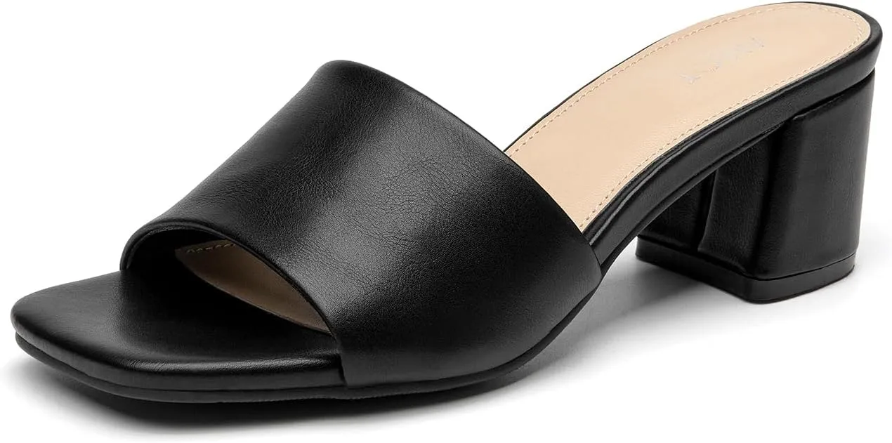 ALLOT Women's Square Toe Heeled Sandals Low Chunky Heel Comfortable Dress Heels Slip on Casual Pumps Shoes
