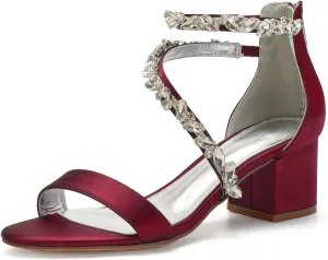 Anna's Bridal White Block Heels Sandals for Women Wide Width Crystal Wedding Shoes for Bride Low Heel Comfortable Pump for Prom Party