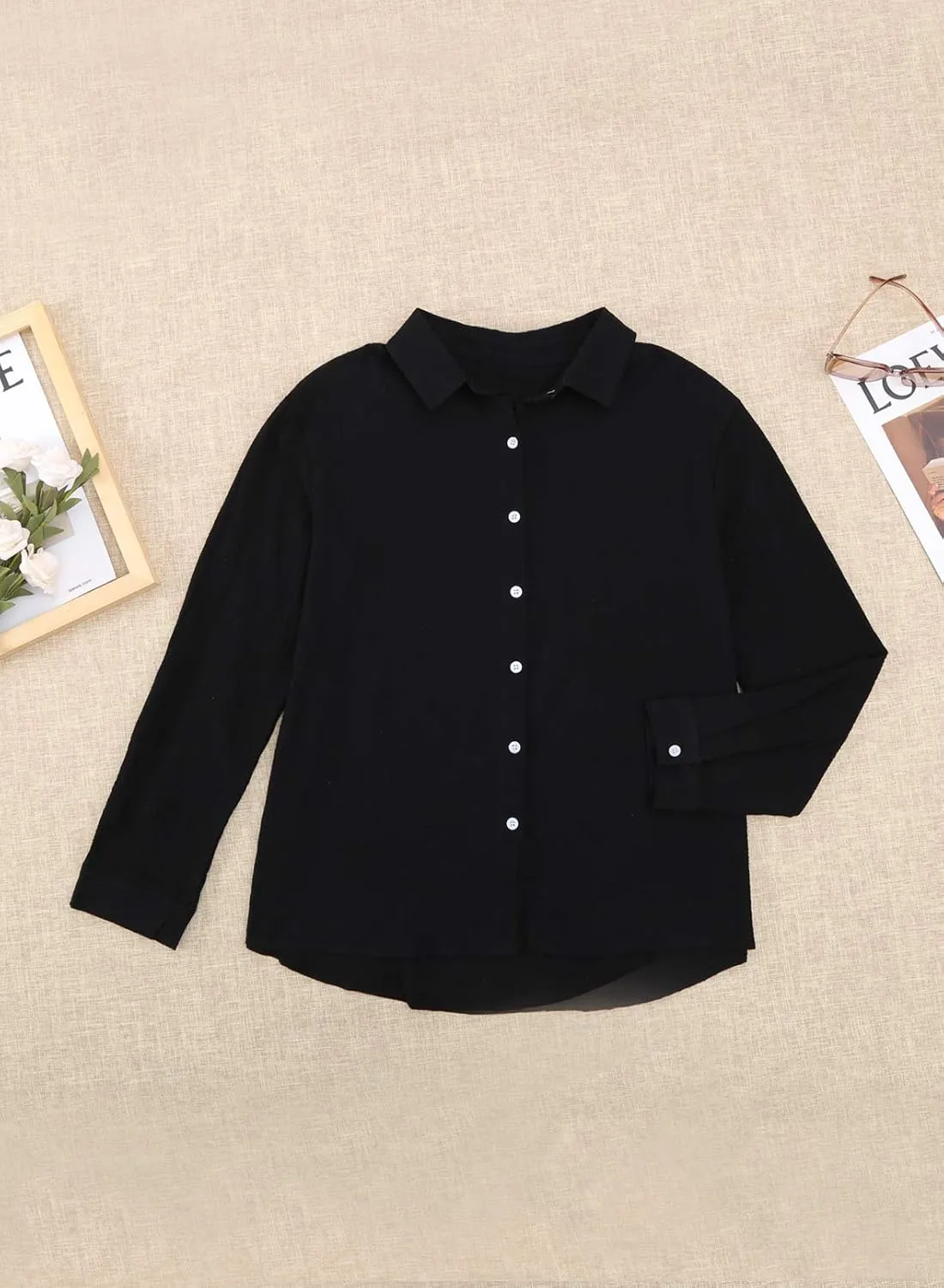 Astylish Womens V Neck Roll up Sleeve Button Down Blouses Tops