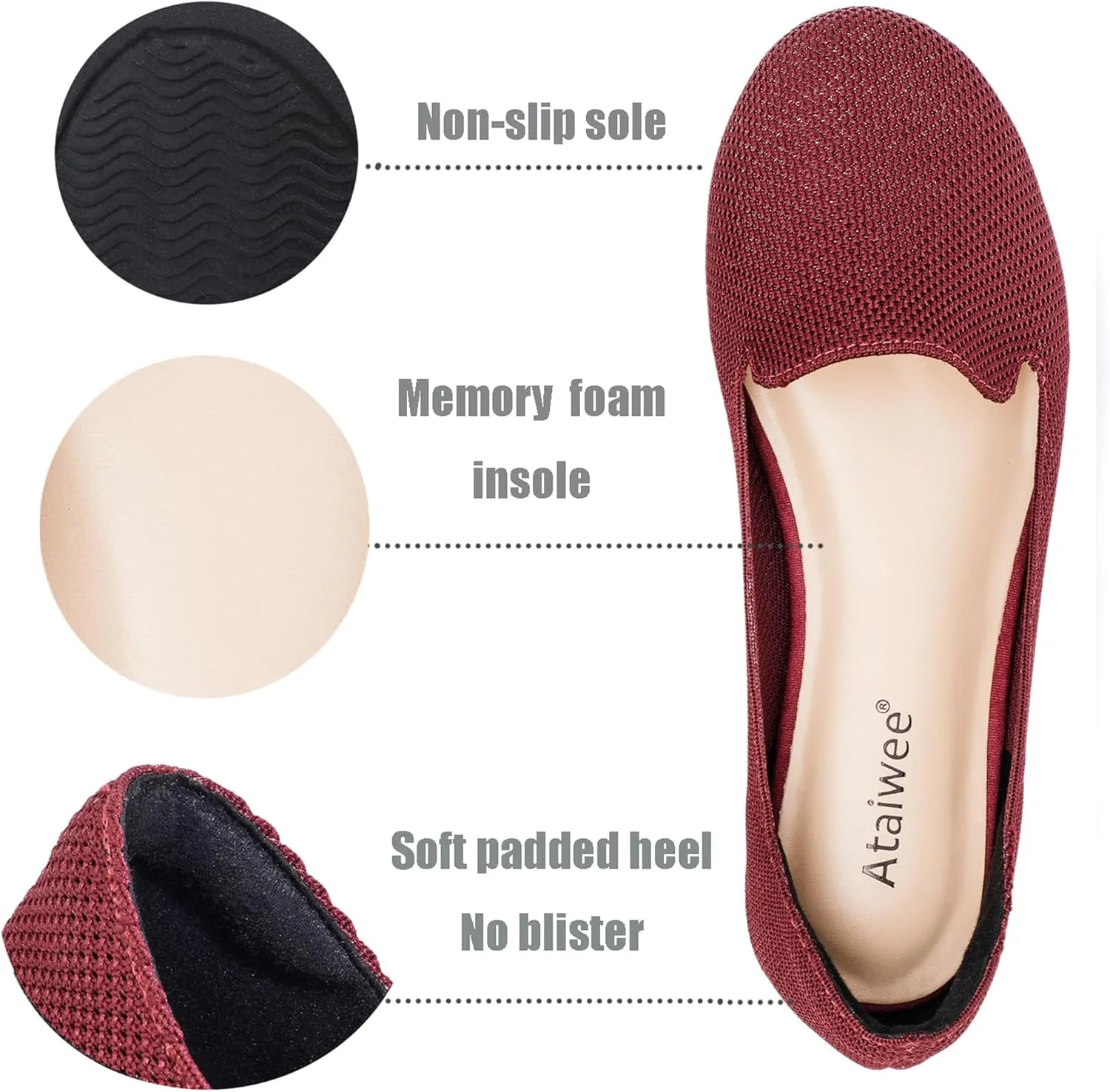 Ataiwee Women's Wide Width Flat Shoes - Casual Round Toe Breathable Plus Size Comfortable Non-Slip Loafers.