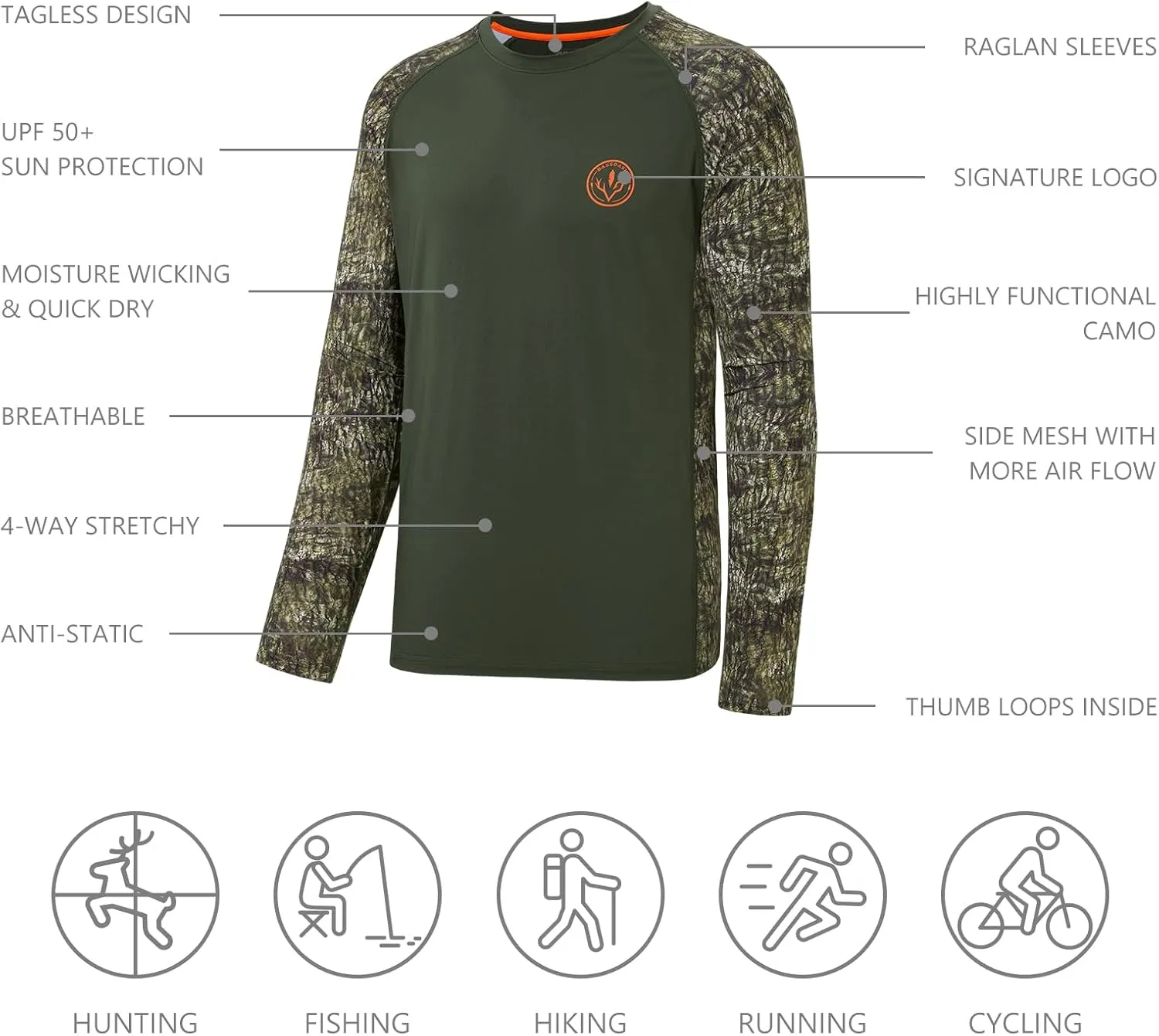 BASSDASH Men’s Lightweight Camo Hunting Shirt UPF 50  Sun Protection Long Sleeve Hiking Fishing Performance Tee Mesh Panels