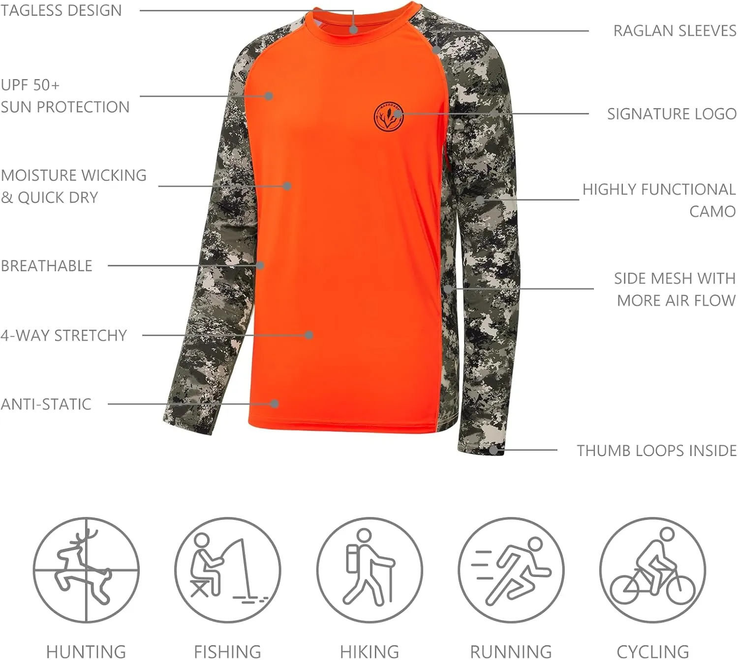BASSDASH Men’s Lightweight Camo Hunting Shirt UPF 50  Sun Protection Long Sleeve Hiking Fishing Performance Tee Mesh Panels