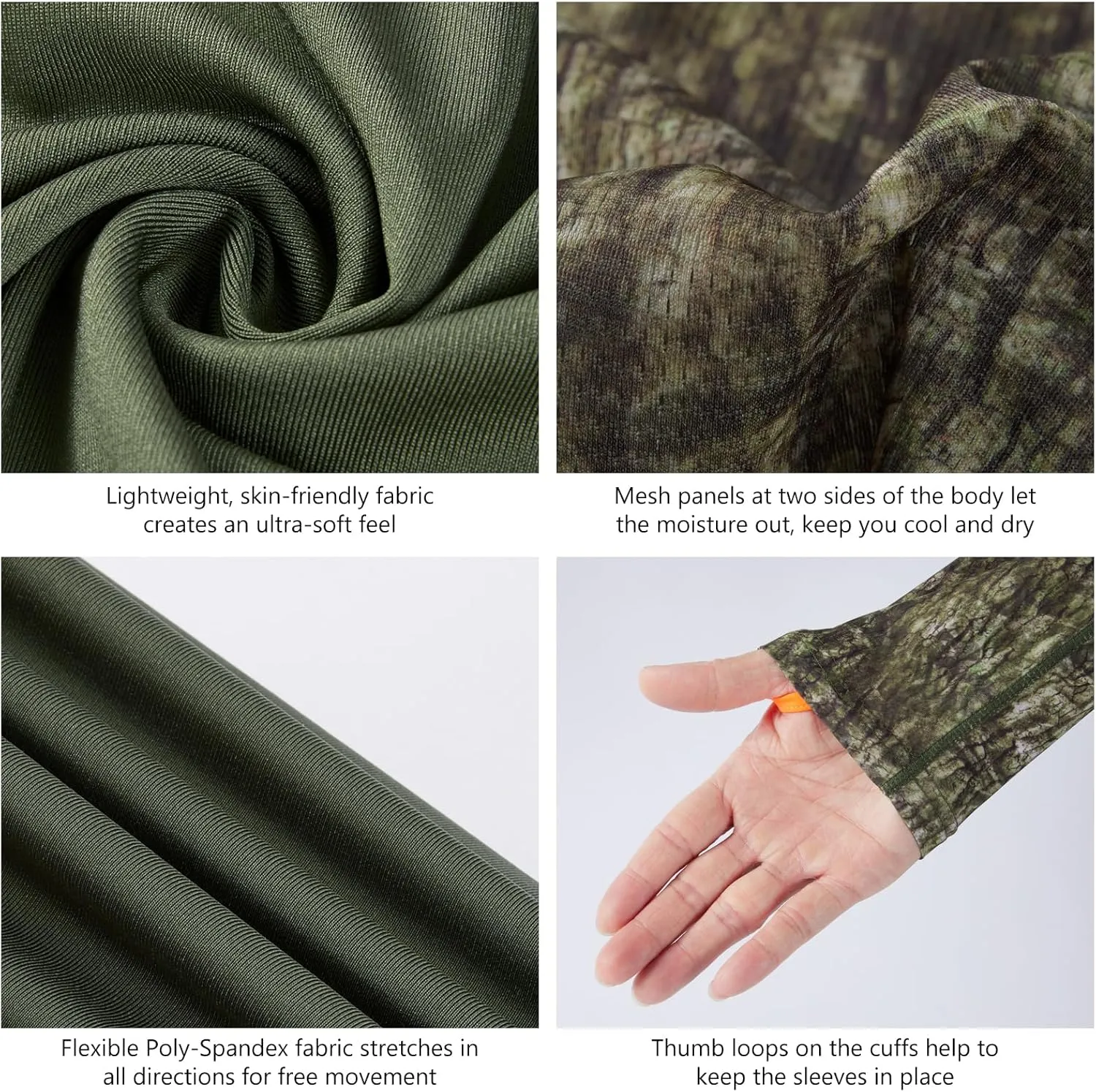 BASSDASH Men’s Lightweight Camo Hunting Shirt UPF 50  Sun Protection Long Sleeve Hiking Fishing Performance Tee Mesh Panels