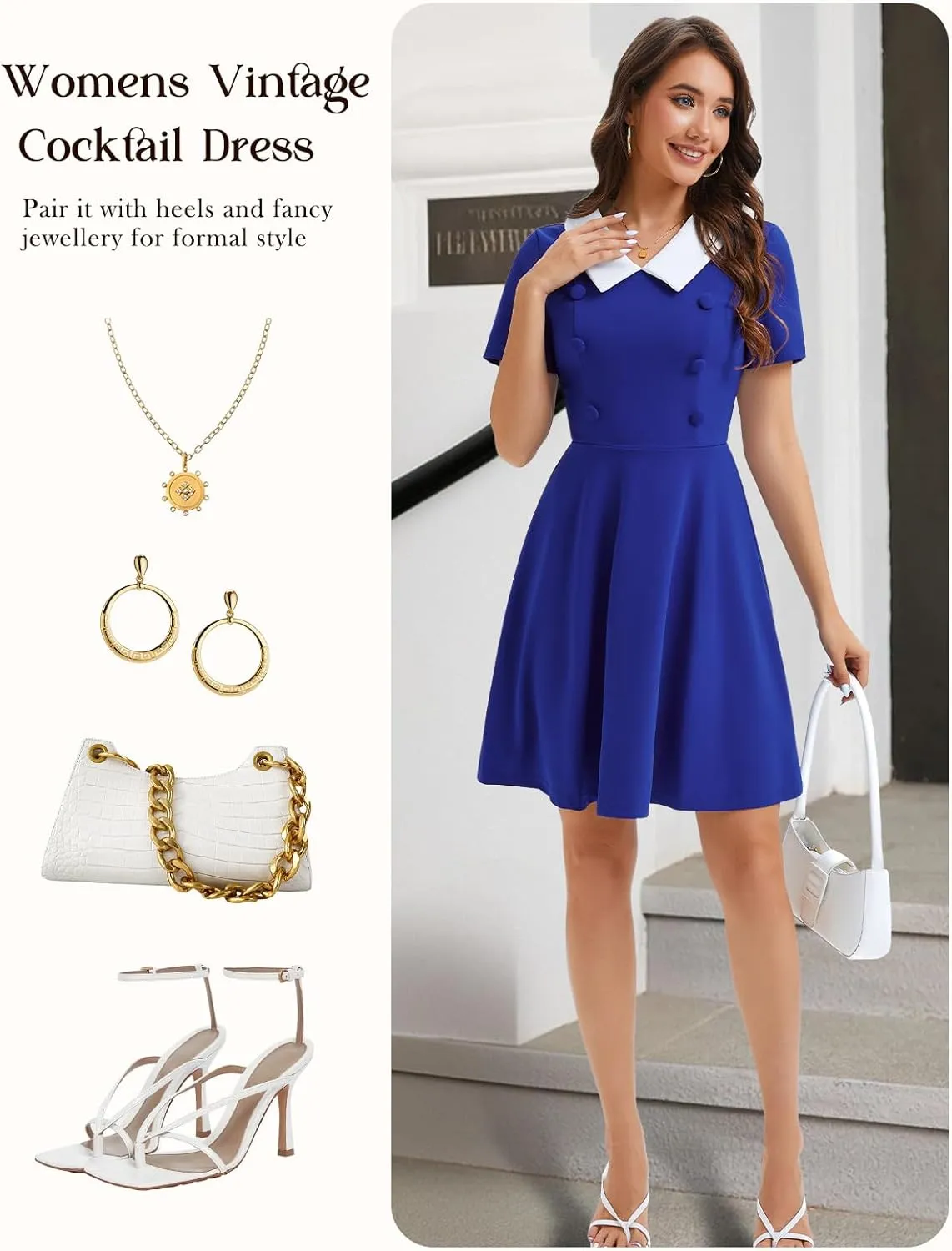 Bbonlinedress 1950s Vintage Dress for Women Retro Rockabilly Peter Pan Collar Short Sleeve Cocktail Party A Line Dresses