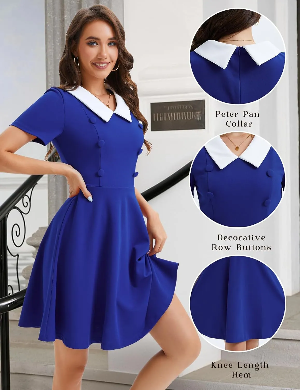 Bbonlinedress 1950s Vintage Dress for Women Retro Rockabilly Peter Pan Collar Short Sleeve Cocktail Party A Line Dresses