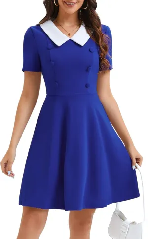 Bbonlinedress 1950s Vintage Dress for Women Retro Rockabilly Peter Pan Collar Short Sleeve Cocktail Party A Line Dresses