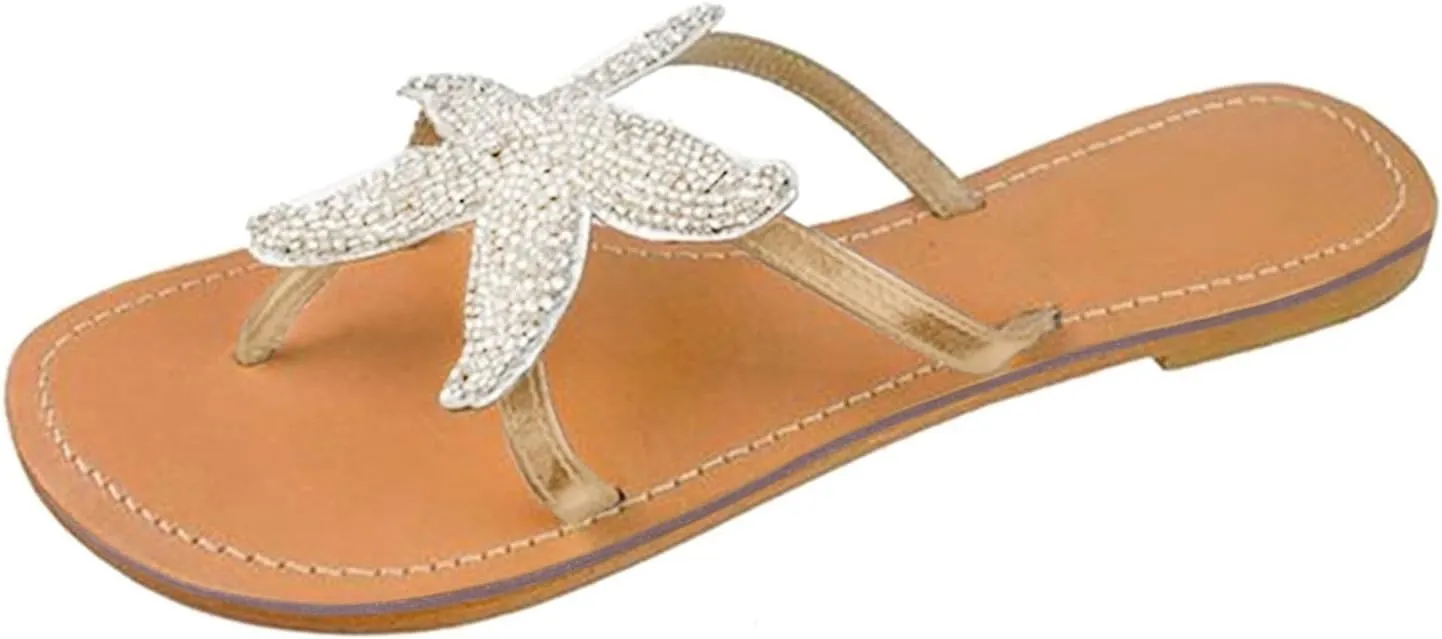 Beach Sandals for Woman, Women's Cute Starfish Flat Sandals Open Toe Slide Fashion Slip-on Slides Dressy Comfortable Bohemian Flats Summer Thong Flip Flops