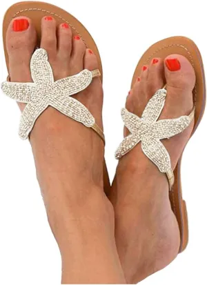 Beach Sandals for Woman, Women's Cute Starfish Flat Sandals Open Toe Slide Fashion Slip-on Slides Dressy Comfortable Bohemian Flats Summer Thong Flip Flops